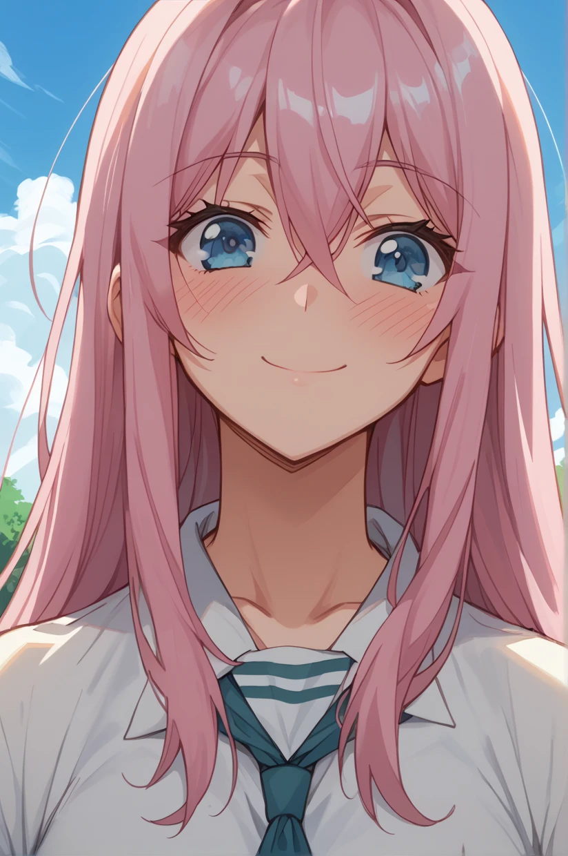 <lora:StyleAnimationNishikawaTakashi-07:1> SANT, 1girl, solo, blue eyes, pink hair, long hair, blush, school uniform, sky, cloud, day, tree, outdoors, hair between eyes, close-up, shirt, closed mouth, smile,, 8k, masterpiece, absurdes, highly detailed, highres, high quality, best quality, score_9, score_8_up, score_7_up, score_6_up, anime coloring, parody, style parody, official style, uncensored