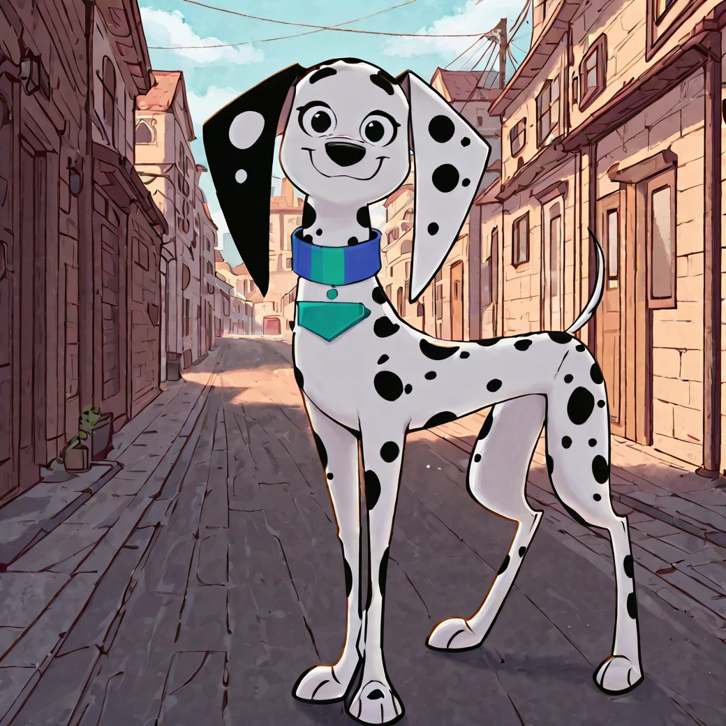 masterpiece, best quality, amazing quality, very aesthetic, high resolution, ultra-detailed, absurdres,   <lora:delilah101illustrious:1>, delilahdalmatian, solo, looking at viewer, smile, closed mouth, standing, full body, outdoors, english text, no humans, animal print, building, cow print, dog, animal, black and white fur, collar, spots, dalmatian, dog ears, body fur, 
(((by senshion, by avante92, by jinu)))