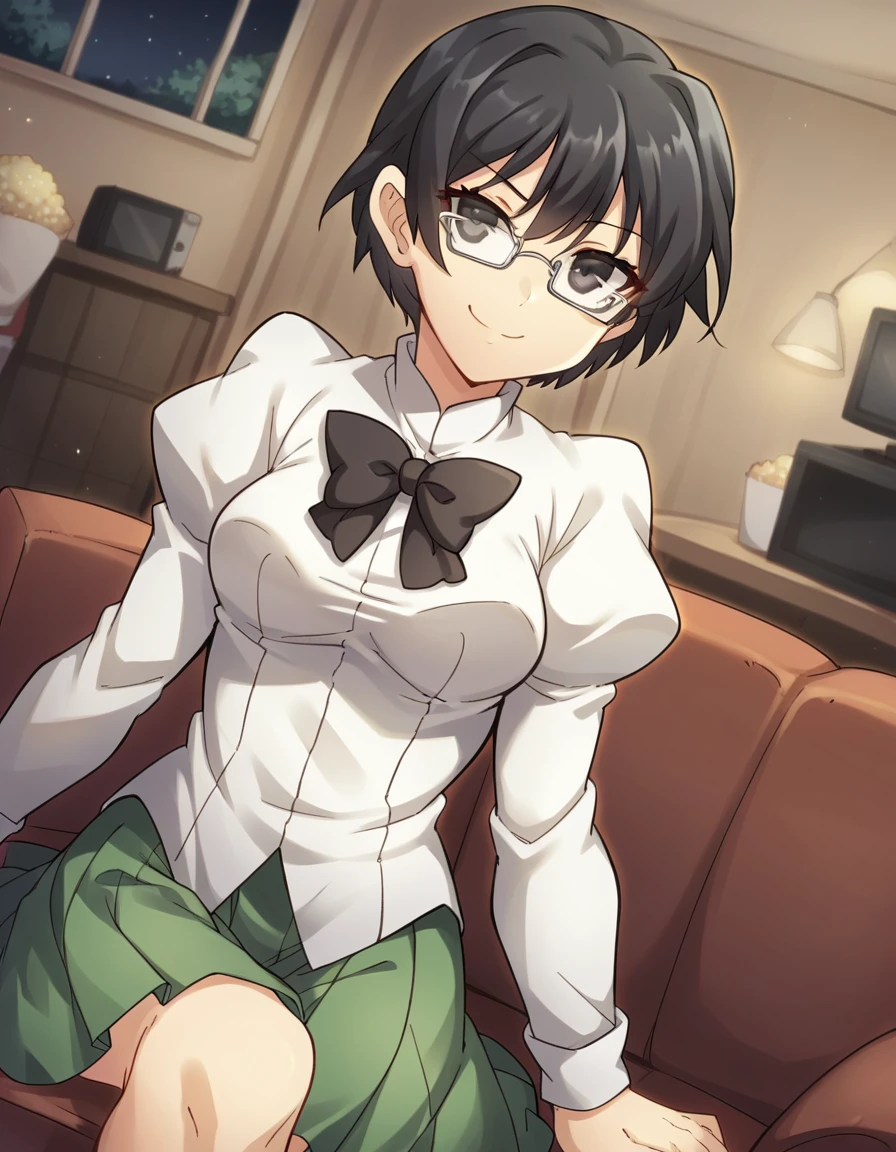 score_9, score_8_up, score_7_up, source_anime, <lora:shizune-hakamichi-ingame-ponyxl-lora-nochekaiser:1>, shizune hakamichi, short hair, black hair, glasses, black eyes, medium breasts,, shirt, long sleeves, bow, school uniform, white shirt, pleated skirt, puffy sleeves, bowtie, black bow, juliet sleeves, green skirt, black bowtie, living room, television, couch, popcorn, watching movie, night time, sitting, smile, smug, looking at viewer, solo,, dutch angle, cowboy shot