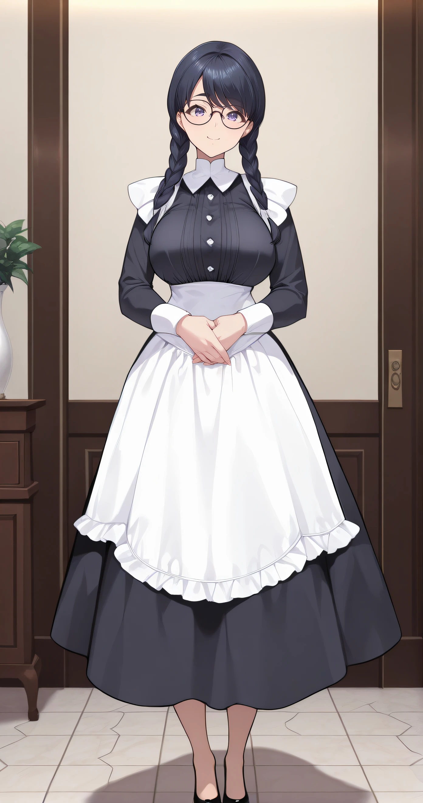 masterpiece, best quality, highres, newest, scenary, 1girl, official style, <lora:Takahara_Ren:1>, takahararen, glasses, large breasts, long maid dress, buttoned, sockless, black shoes, looking at viewer, smile, indoor, own hands together, full body, standing