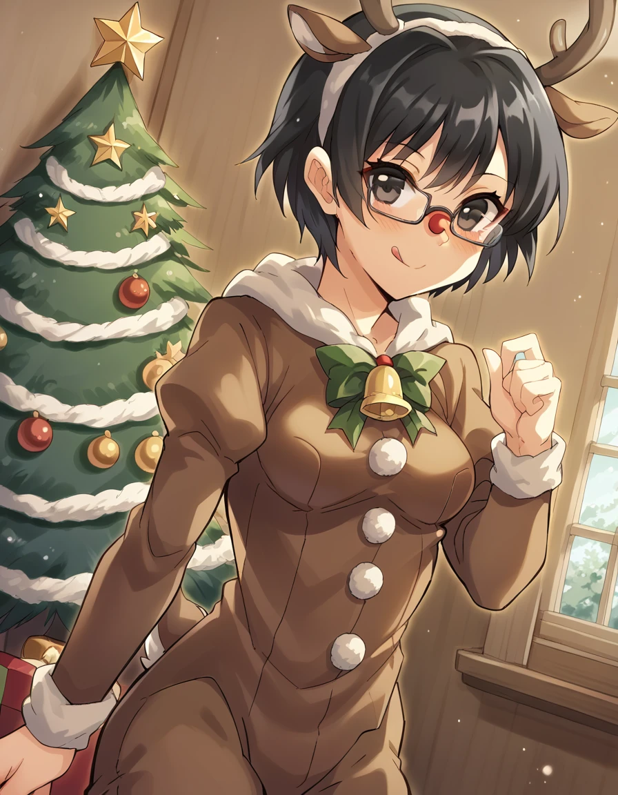 score_9, score_8_up, score_7_up, source_anime, <lora:shizune-hakamichi-ingame-ponyxl-lora-nochekaiser:1>, shizune hakamichi, short hair, black hair, glasses, black eyes, medium breasts,, <lora:reindeer-costume-ponyxl-lora-nochekaiser:1>, reindeer costume, animal costume, reindeer antlers, antlers, fake antlers, reindeer hood, christmas, red nose, deer ears, deer tail, christmas tree, bell, horns, reindeer,, blush, smile, tongue out, looking at viewer,, , dutch angle, cowboy shot