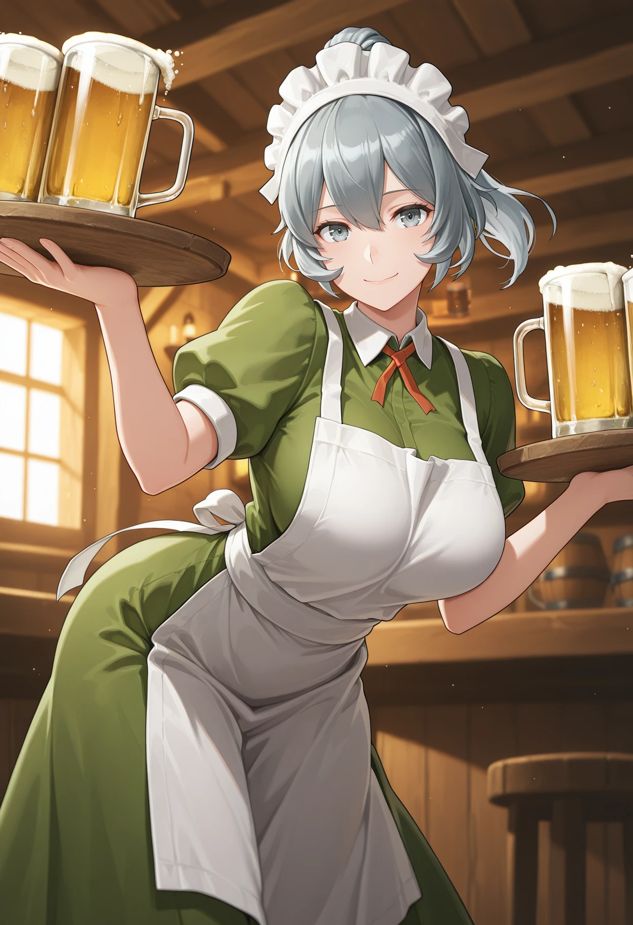 masterpiece, best quality, absurdres, 1girl, solo, looking at viewer,  <lora:syr_flova:1>, syr_flova, maid, grey eyes, grey hair, tavern, tray, beer mugs, dynamic pose, smile,