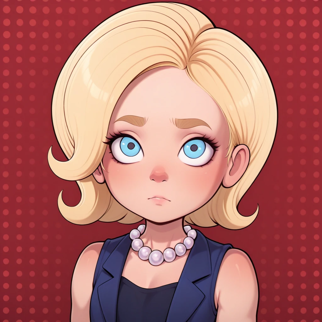 masterpiece, best quality, Hilloli_Clinton , 1girl, solo, blonde hair, short hair, pearl necklace, blue vest, black dress, sleeveless, upper body, <lora:Hilloli_Clinton_illustrious_Leaf1:1>,   polka dot background, red background,