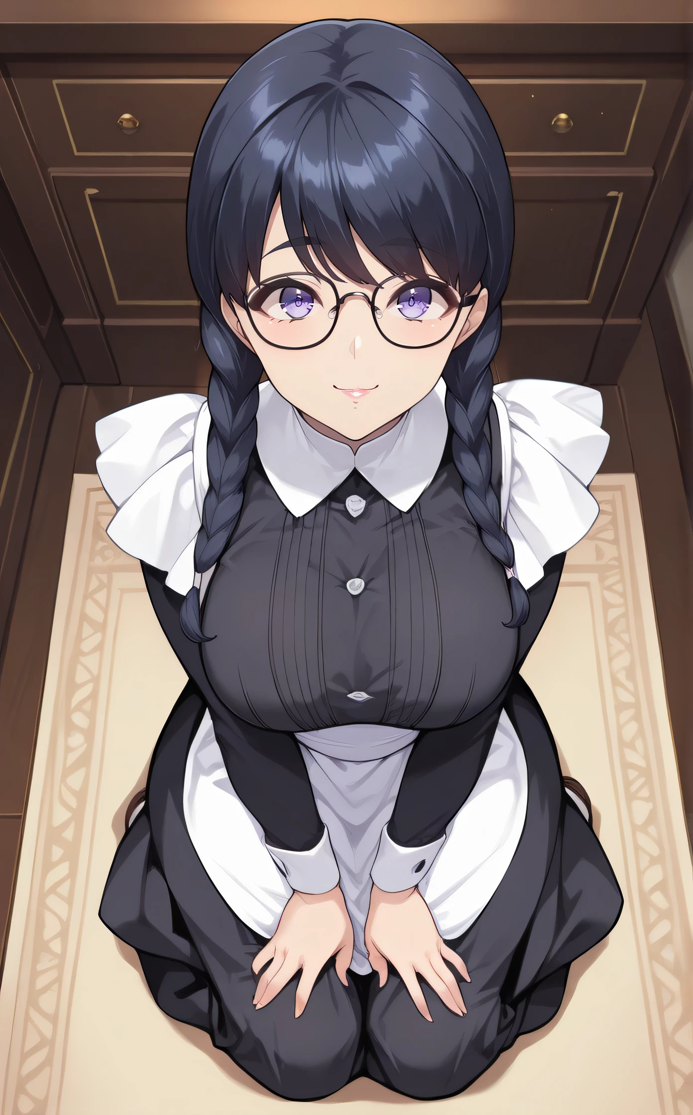 masterpiece, best quality, highres, newest, scenary, 1girl, official style, <lora:Takahara_Ren:1>, takahararen, glasses, large breasts, long maid dress, buttoned, looking at viewer, kneeling, full body, from above, detailed lips, smile, hands on knees