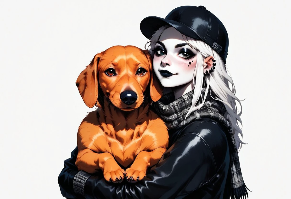 score_9, score_8_up, score_7_up, animal Focus, no humans, solo, Dachshund-PonyV1, Dachshund, dog, small dog, animal, black fur, black dog, scarf, hat, BREAK 1girl, goth, goth girl, white hair, pale, pale skin, long hair, hugging dog, hugging Dachshund, p3tl0v3