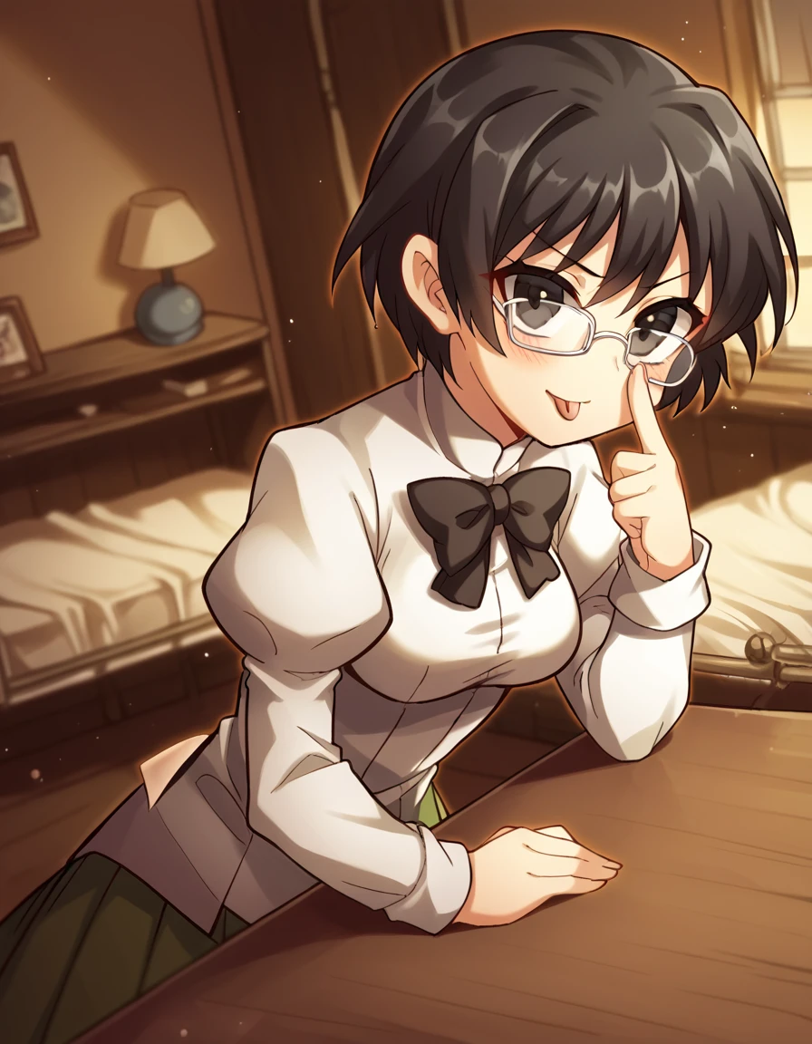 score_9, score_8_up, score_7_up, source_anime, <lora:shizune-hakamichi-ingame-ponyxl-lora-nochekaiser:1>, shizune hakamichi, short hair, black hair, glasses, black eyes, medium breasts,, shirt, long sleeves, bow, school uniform, white shirt, pleated skirt, puffy sleeves, bowtie, black bow, juliet sleeves, green skirt, black bowtie, hotel room, bed, desk, mini fridge, room service, smile, <lora:akanbe-ponyxl-lora-nochekaiser:1>, akanbe, eyelid pull, finger to eye, tongue out, :p, tongue, ;p, blush, leaning forward, bent over, from side,, looking at viewer, solo,, dutch angle, cowboy shot