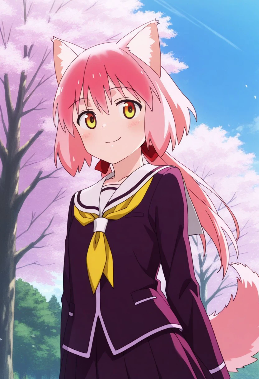 masterpiece, best quality,
ranka, 1girl, solo, red eyes, yellow eyes, pink hair, long hair, animal ears, wolf ears, animal ear fluff, school uniform, serafuku, sailor collar, smile, wolf tail
outdoor, sky, tree