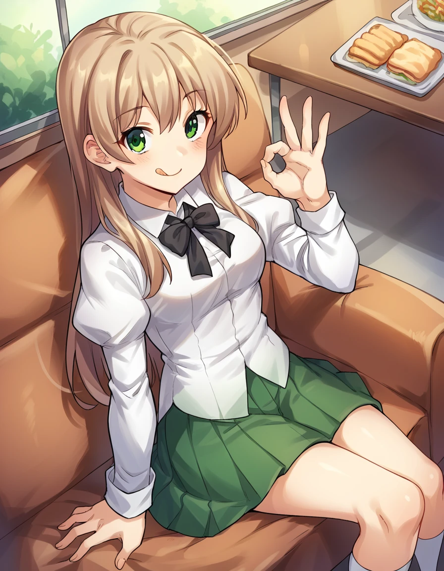 score_9, score_8_up, score_7_up, source_anime, <lora:emi-ibarazaki-ingame-ponyxl-lora-nochekaiser:1>, emi ibarazaki, long hair, brown hair, green eyes,, shirt, long sleeves, bow, school uniform, white shirt, pleated skirt, puffy sleeves, bowtie, black bow, juliet sleeves, green skirt, black bowtie, cafeteria, tables, food trays, chairs, line, smile, <lora:money-gesture-ponyxl-lora-nochekaiser:1>, money gesture, blush, sitting, couch, arm support, smile, tongue out, knee up, from above, looking at viewer, solo,, dutch angle, cowboy shot