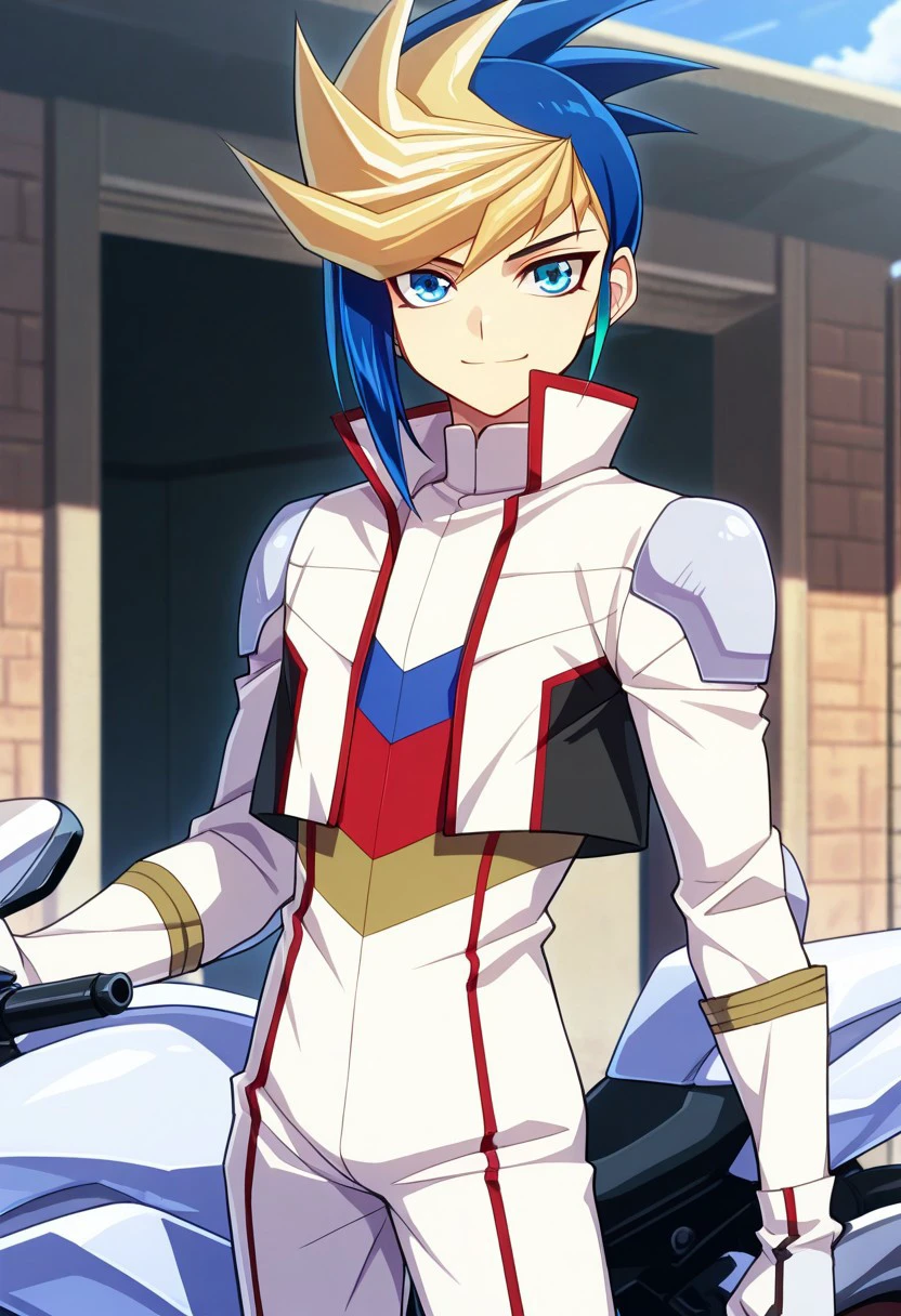 masterpiece, best quality, 
yugo, 1boy, male focus, solo, blue eyes, multicolored hair, two-tone hair, spiked hair, dyed bangs, blue hair, blonde hair, jumpsuit, white jumpsuit, multicolored jumpsuit, jacket, white jacket, shoulder protectors, gloves, smile, determined, motorcycle, futuristic,
outdoor,