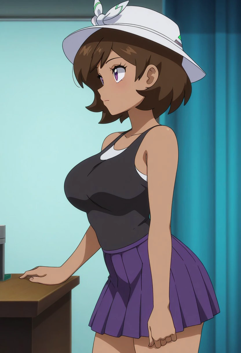 pokemon \(classic anime\), anime screencap, best quality, masterpiece, amazing quality, very aesthetic, absurdres, 
1girl, solo, side view, 
trainerjasmine, jasmineoutfit, hat, skirt, 
dark-skinned female, purple eyes, brown hair, (large breasts:0.75), 
indoors