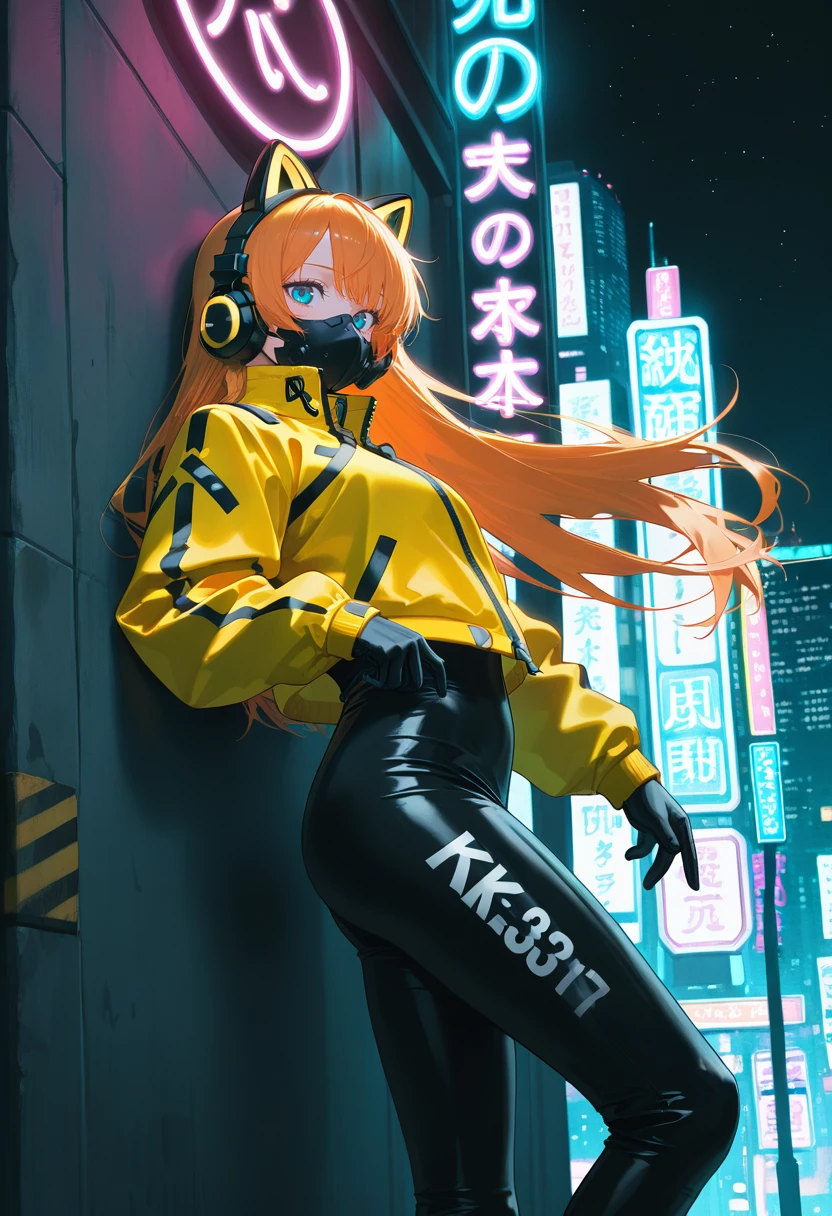 masterpiece,best quality,amazing quality,very aesthetic,absurdres,newest,scenery,
1girl, sk997cos, sk01 jacket, sk03 headphones, sk04 mask, yellow jacket, black gloves, sk02 sneakers,
floating hair,  
orange hair,
straight hair,
  solo, against wall, standing, leaning back, arched back , contrapposto, looking at viewer, from side, arms behind, , cyberpunk city ,black sky,clear night sky,starry night,mist,gothic architecture, neon lights,
<lora:997sk cosplay IL:1>