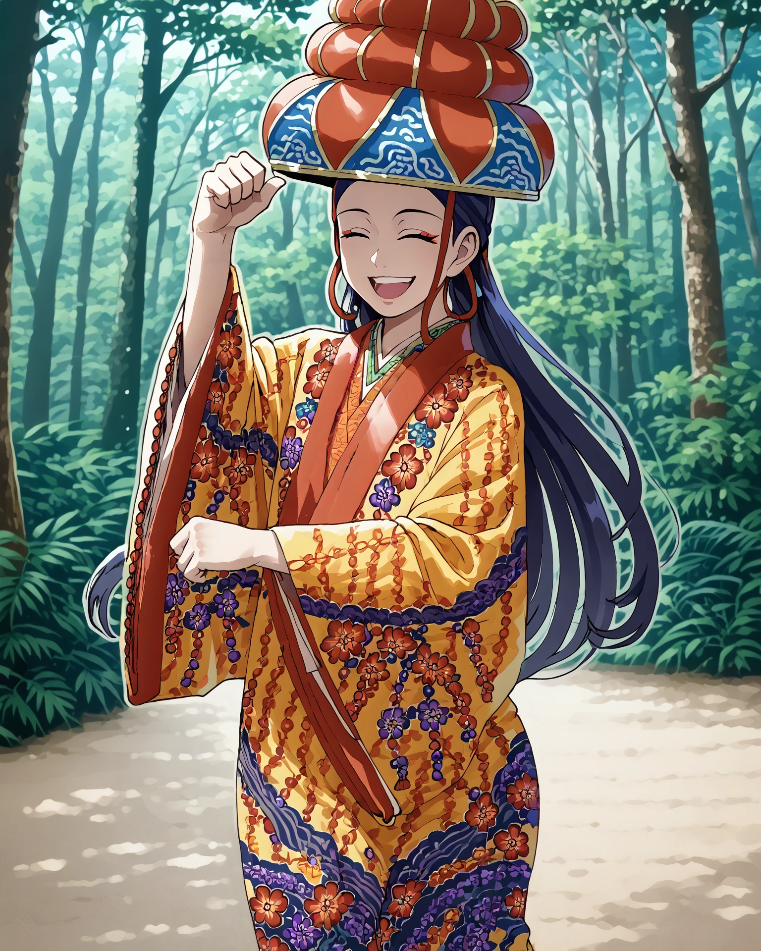 1girl, ryusou, long hair, ryusou hat, jacquard fabric,intricate patterns, (patterned fabric1.2), happy, dancing, forest, score_9, score_8_up, score_7_up,  masterpiece, very detailed, highest quality,  digital art, <lora:Ryusou_XL:1.2>,  <lora:nyantcha_style_pdxl_v2_goofy:1>