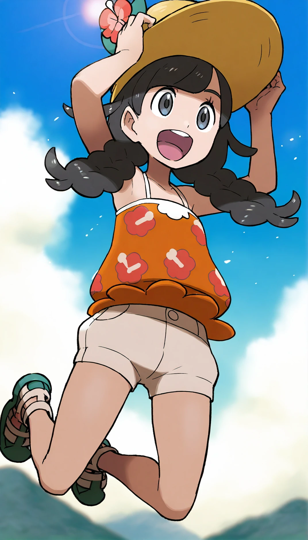 masterpiece,best quality,amazing quality,
<lora:seleneIL:1>,
eneles,
1girl,solo,
black hair,bangs,twin braids,
grey eyes,looking ahead,open smile,
orange camisole,floral print,white shorts,sandals,
left hand holding hat,jumping,in air,
blurry background,blue sky,sun,cloud,vignetting,outdoors,days,light particles,