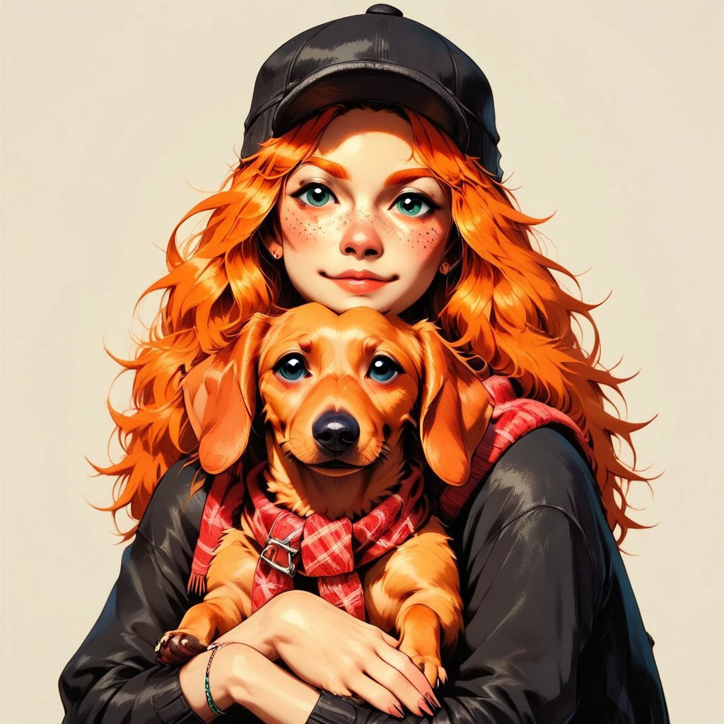 score_9, score_8_up, score_7_up, animal Focus, no humans, solo, Dachshund-PonyV1, Dachshund, dog, small dog, animal, black fur, scarf, hat, BREAK 1girl, ginger, freckless, pale, pale skin, ornage hair, long hair, hugging dog, hugging Dachshund, p3tl0v3