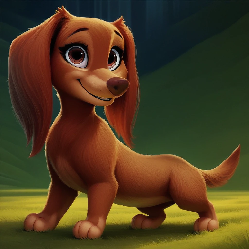 score_9, score_8_up, score_8, score_7, source_cartoon, Liberty(pp), solo, feral, dog, dog girl, long-haired Dachshund, brown fur, tan paws, tan belly, tan muzzle, brown nose, brown eyes, long ears, short tail, full body, looking at viewer, smile, standing, grass field setting,