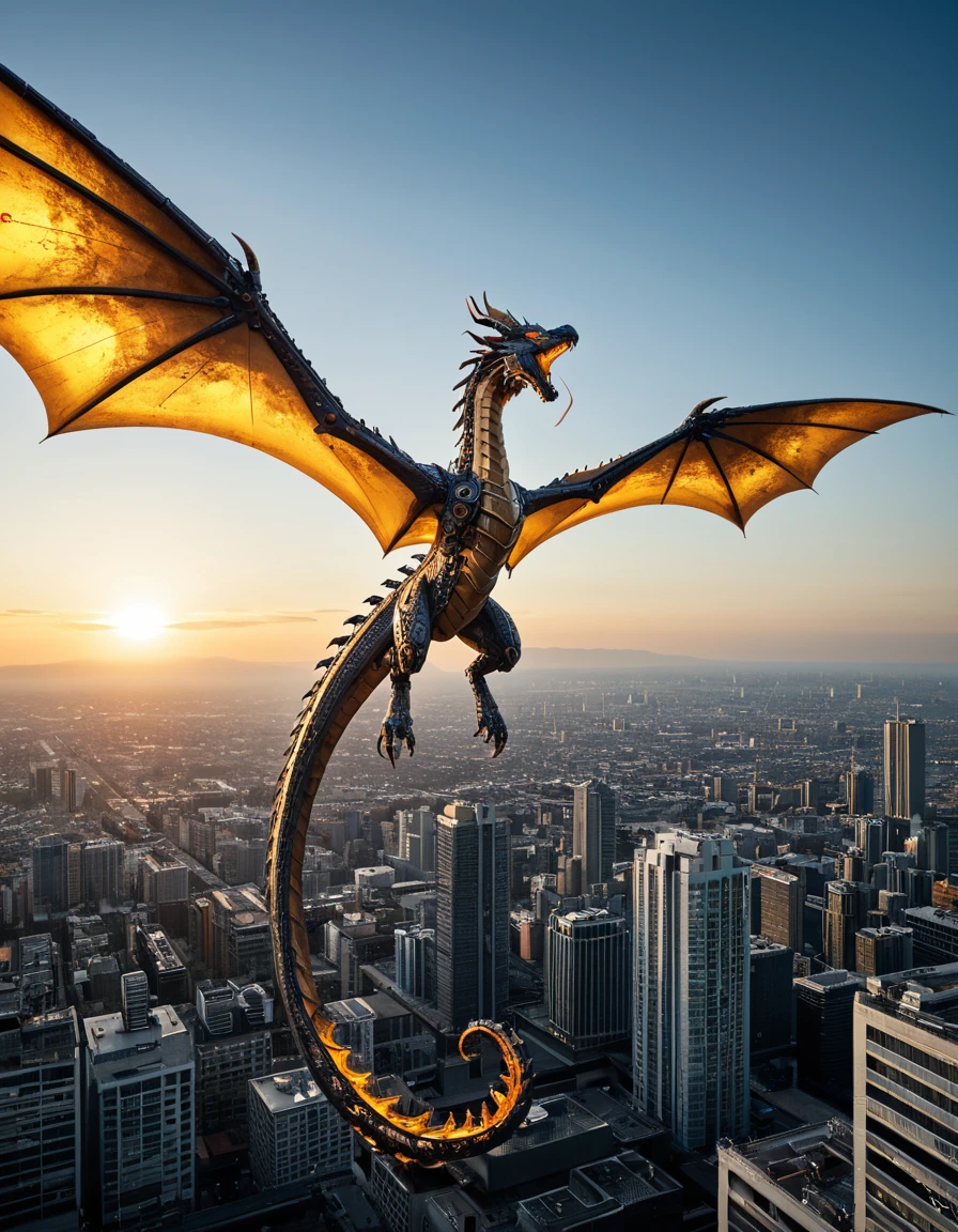 score_9, score_8_up, score_7_up, Mechanical Dragon in a Metallic Sky, A massive mechanical dragon soaring through a sky made of shifting metal and gears, with glowing eyes and a body crafted from polished steel, brass, and glowing energy cores. Its wings flap, sending sparks into the air. Below, a vast futuristic cityscape can be seen. The scene features ultra-detailed textures, dramatic lighting, and metallic reflections that enhance the high-tech, steampunk vibe of this epic creature.