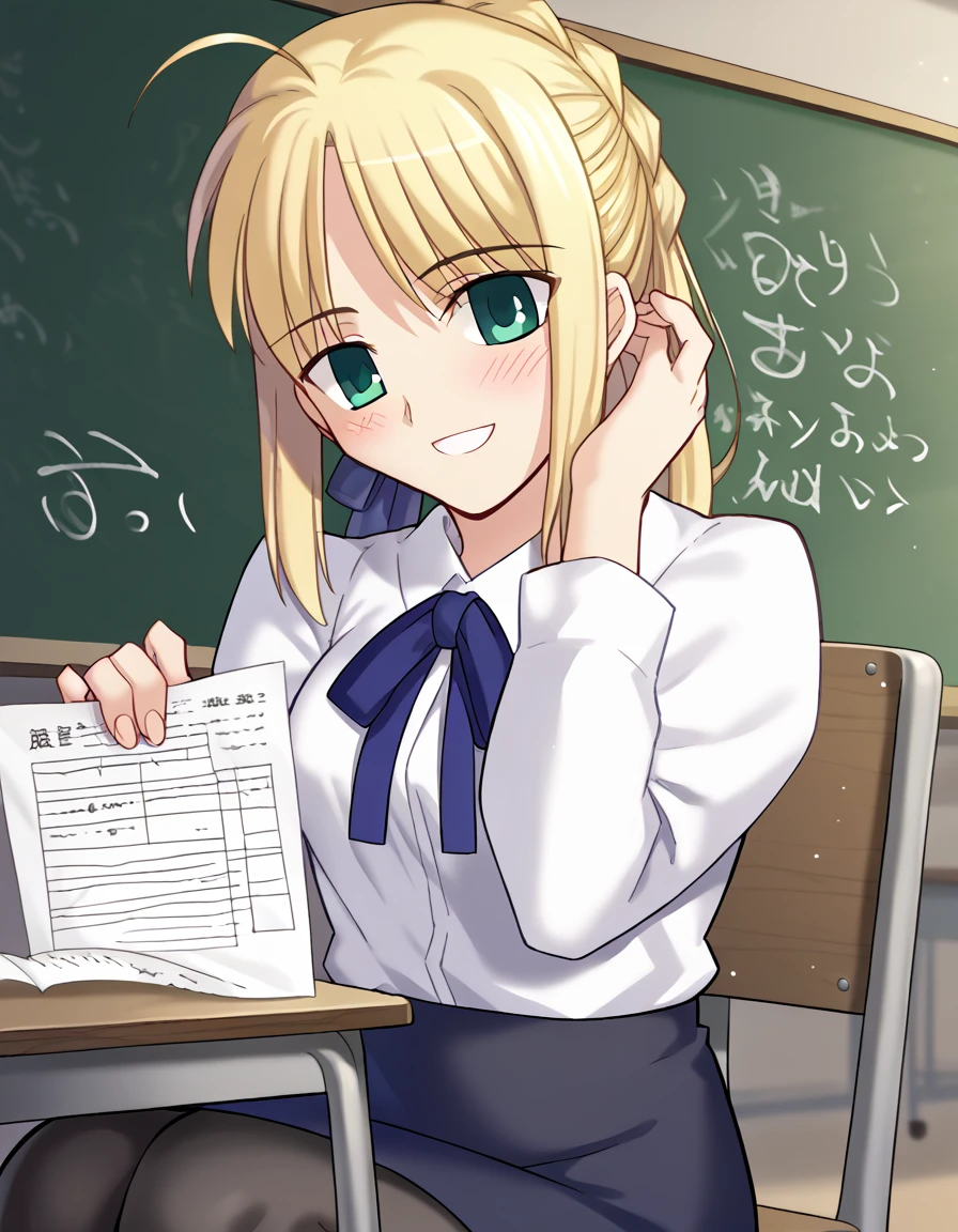 score_9, score_8_up, score_7_up, source_anime, <lora:artoria-pendragon-ingame-ponyxl-lora-nochekaiser:1>, artoria pendragon, artoria pendragon (fate), saber, long hair, blonde hair, green eyes, ponytail, ahoge, medium breasts,, skirt, shirt, long sleeves, ribbon, white shirt, pantyhose, black pantyhose, blouse,, classroom, chalkboard, daytime, studying, sitting, chair, desk, smile, <lora:marriage-certificate-ponyxl-lora-nochekaiser:1> marriage certificate, marriage certificate (object), holding paper, paper, smile, teeth, looking at viewer, blush, <lora:tucking-hair-ponyxl-lora-nochekaiser:0.5>, tucking hair, adjusting hair, hand on own hair, hair behind ear,, cowboy shot,, looking at viewer, solo,, dutch angle, cowboy shot