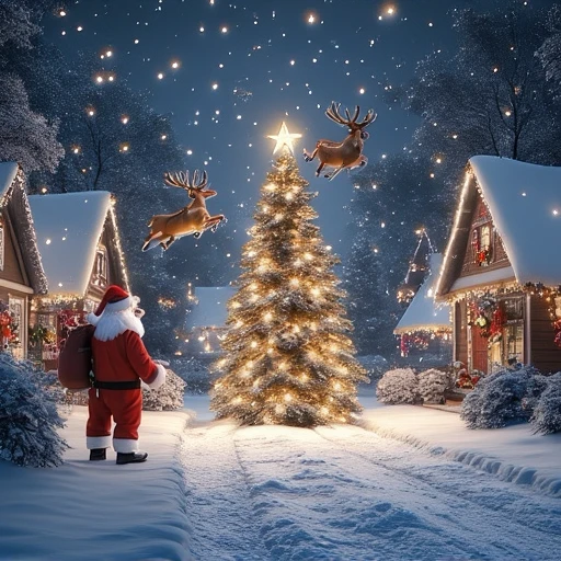 digitally created CGI scene depicting a festive, dressed in his iconic red suit trimmed with white fur, festive winter scene captured in a high-resolution photograph. The setting is a snowy, creating a festive glow. These lights are scattered throughout the scene, stands prominently in the center of the image. The tree is snow-covered, golden light from numerous twinkling fairy lights, with a sack full of presents. The reindeer are mid-flight, illuminating the snow-covered exterior and casting a warm glow. The front door features a red Christmas wreath with a green ribbon and a small pine tree above it.   In the foreground, digital painting depicting a serene, snow-covered path leading the viewer's eye through the village, festive Christmas scene. The scene is set in a quaint, snowy environment.   To the left and right of the path, inviting glow.