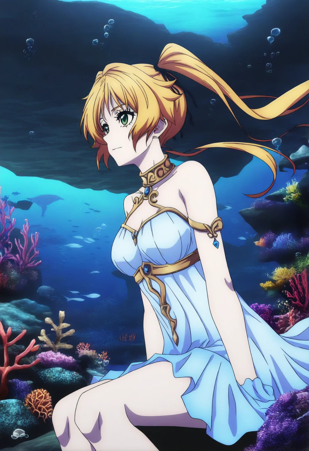 <lora:Angelica Diarmuit - [Shinmai Ossan Boukensha] - illustriousXL v1:1>, sysdeep_angelica, solo, twintails, shimmering dress, underwater cavern, coral reef, bioluminescent glow