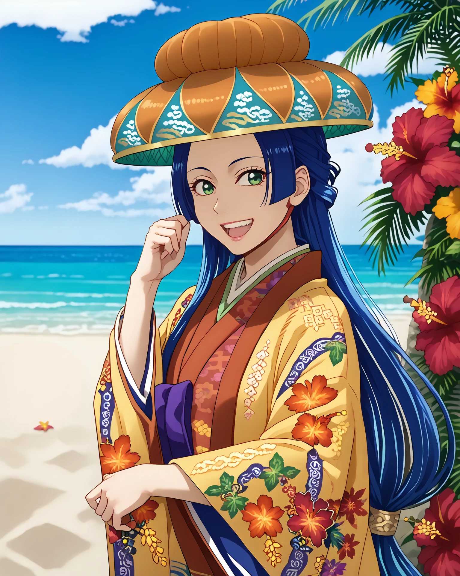 1girl, ryusou, long hair, blue hair, green eyes, ryusou hat, jacquard fabric, intricate patterns, (patterned fabric1.2), happy, beach, hibiscus, score_9, score_8_up, score_7_up,  masterpiece, very detailed, highest quality,  digital art, <lora:Ryusou_XL:1.2>,   <lora:[pony]Sunagawa Tara:1>, sunagawa tara