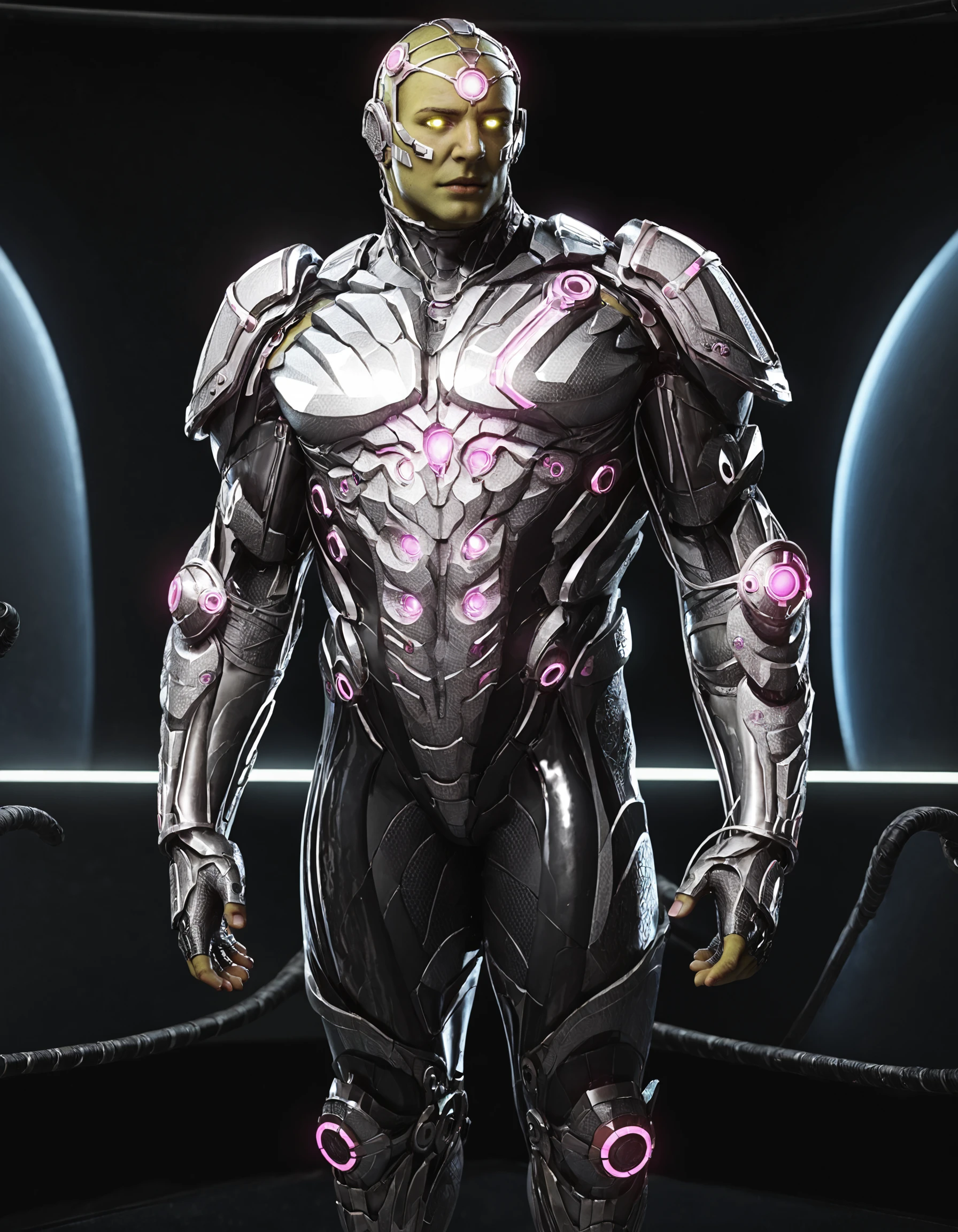 breathtaking PonyXLV6_Scores, NEGATIVE_HANDS, fixl-art ,detailed, <lora:Brainiac (2):1>bodysuit, glowing eyes, 1boy, armor, realistic, straight-on, colored skin, glowing, simple background, green skin, neon trim, brainiac, spacecraft interior, earth visible through window, neon lighting, bald . award-winning, professional, highly detailed