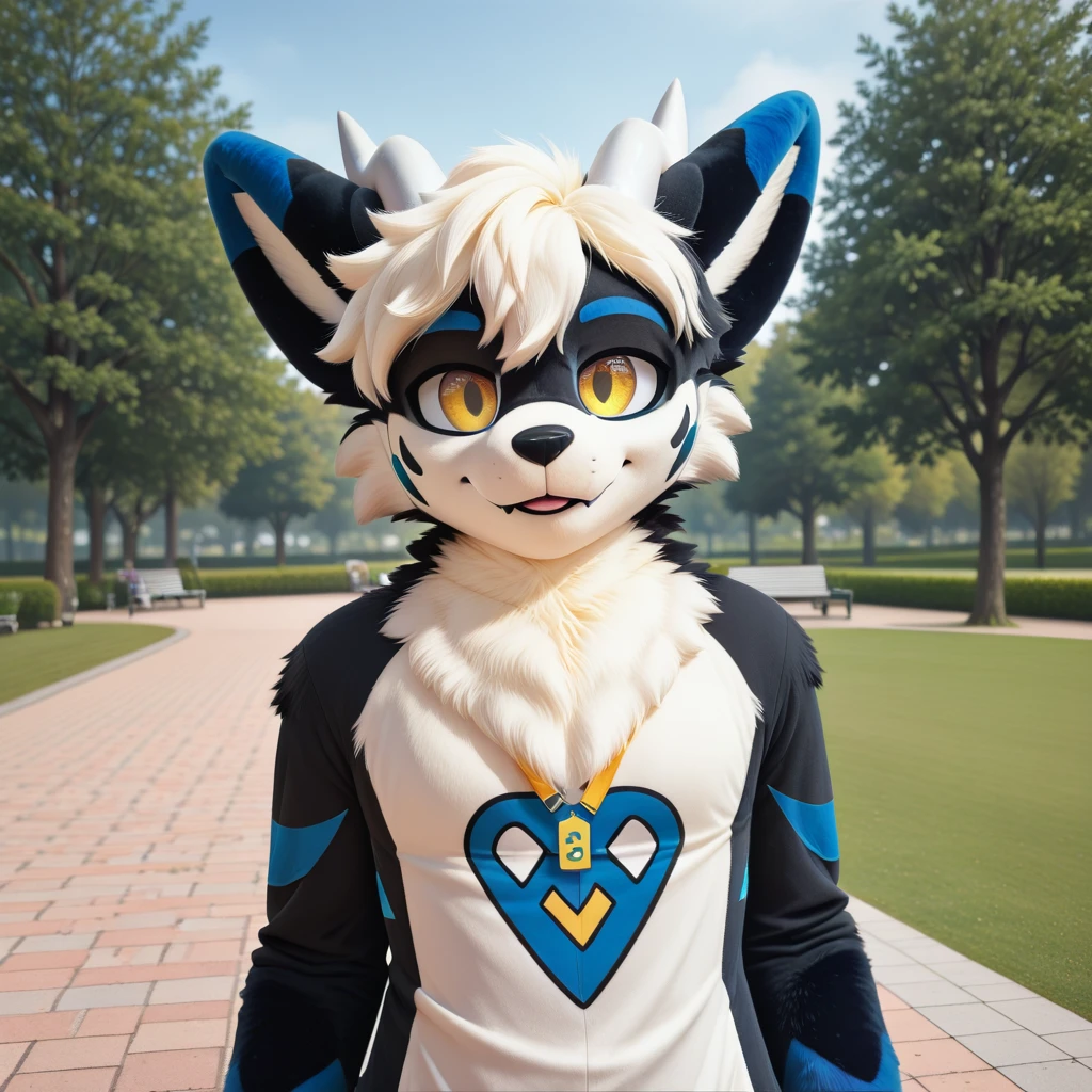 (2024, very aesthetic, newest, best quality, masterpiece,),fursuit, furry focus, furry style, furry costume, anthropomorphic, anthro, fluffy body, furry, fur body, black fur, yellow eyes, white hair, white horns, dragon, park, park background, solo