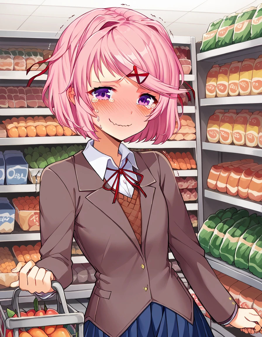 score_9, score_8_up, score_7_up, source_anime, <lora:ddlc-natsuki-ingame-ponyxl-lora-nochekaiser:1>, natsuki, fang, hair ornament, pink hair, purple eyes, short hair, short sidetail, swept bangs, x hair ornament,, blazer, blue skirt, brown jacket, collared shirt, jacket, long sleeves, miniskirt, neck ribbon, pleated skirt, red ribbon, ribbon, school uniform, shirt, skirt, swept bangs, vest, white shirt, wing collar,, grocery store, shopping cart, picking fruits, everyday life, smile, <lora:ijimeka-ponyxl-lora-nochekaiser:1> ijimeka, ijimeka (meme), meme, full-face blush, trembling, embarrassed, wavy mouth, tears, tearing up, blush, looking down, cowboy shot,, looking at viewer, solo,, dutch angle, cowboy shot