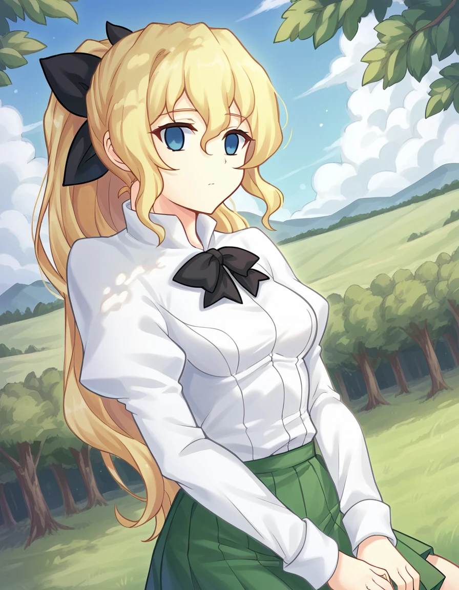 score_9, score_8_up, score_7_up, source_anime, <lora:lilly-satou-ingame-ponyxl-lora-nochekaiser:1>, lilly satou, long hair, blue eyes, blonde hair, hair ribbon, ponytail, blank eyes, medium breasts,, shirt, long sleeves, bow, school uniform, white shirt, pleated skirt, puffy sleeves, bowtie, black bow, juliet sleeves, green skirt, black bowtie, nature, trees, animals, landscape, open, , hands on own knees, looking at viewer, solo,, dutch angle, cowboy shot