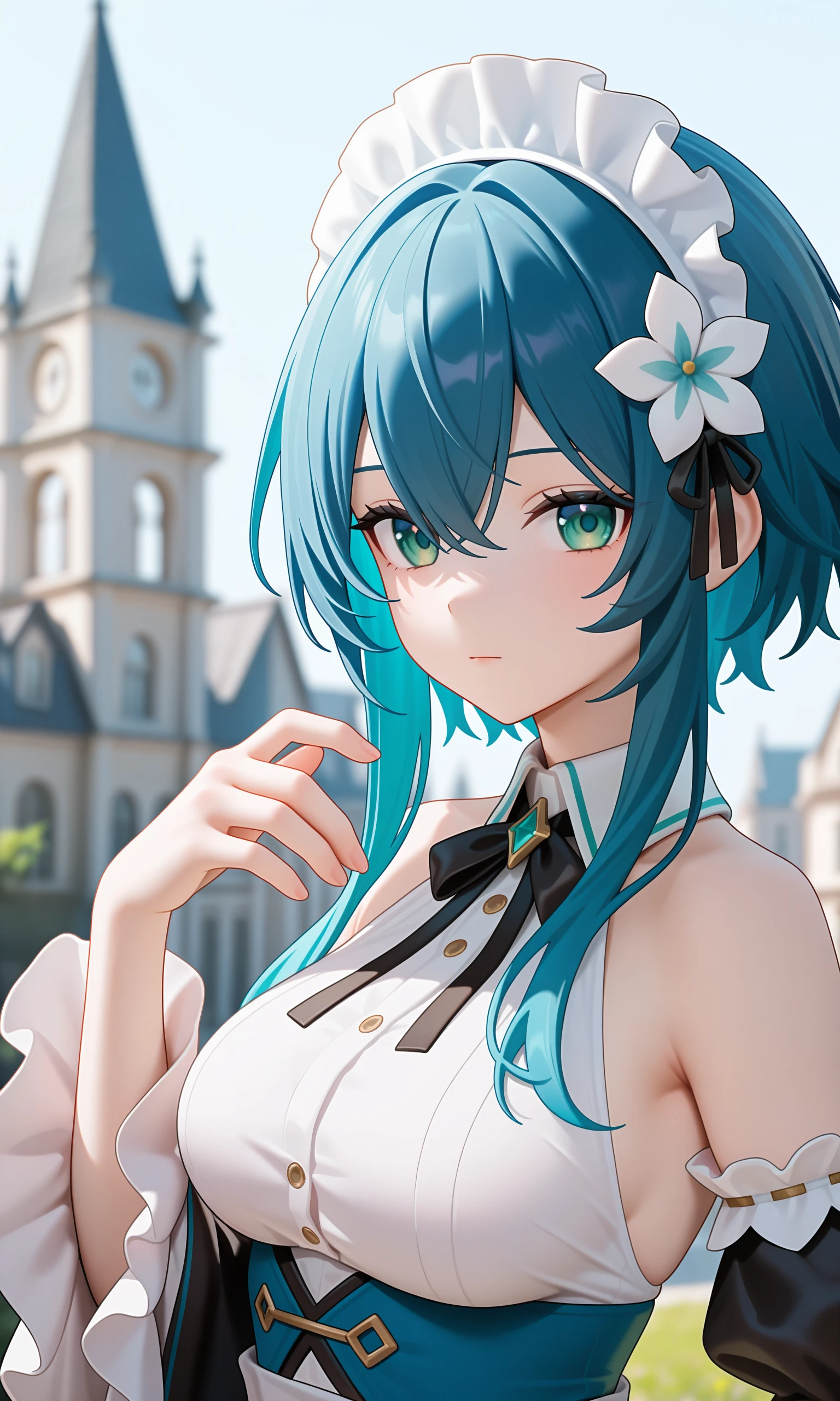 1girl, solo, green eyes, maid headdress, blue hair, detached sleeves, looking at viewer, maid, bare shoulders, upper body, sidelocks, hair ornament, hand up, long sleeves, short hair with long locks, breasts, closed mouth, bow, ribbon, hair flower, frills, sleeveless, shirt, flower, expressionless, building, hair between eyes ,masterpiece,best quality,very aesthetic,highres,absurdres,sensitive,