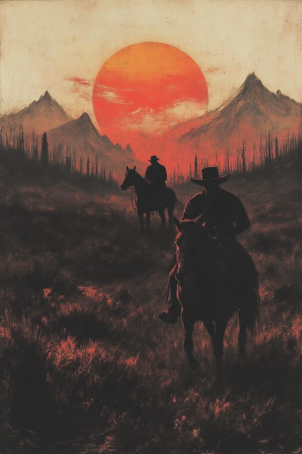 apoca1 illustration. 
of a cowboy riding a horse across the wild west at sundown.  Mountains in the background. <lora:apocalypse_now1_fl_d4a2:1.0><lora:802370174020838929:0>