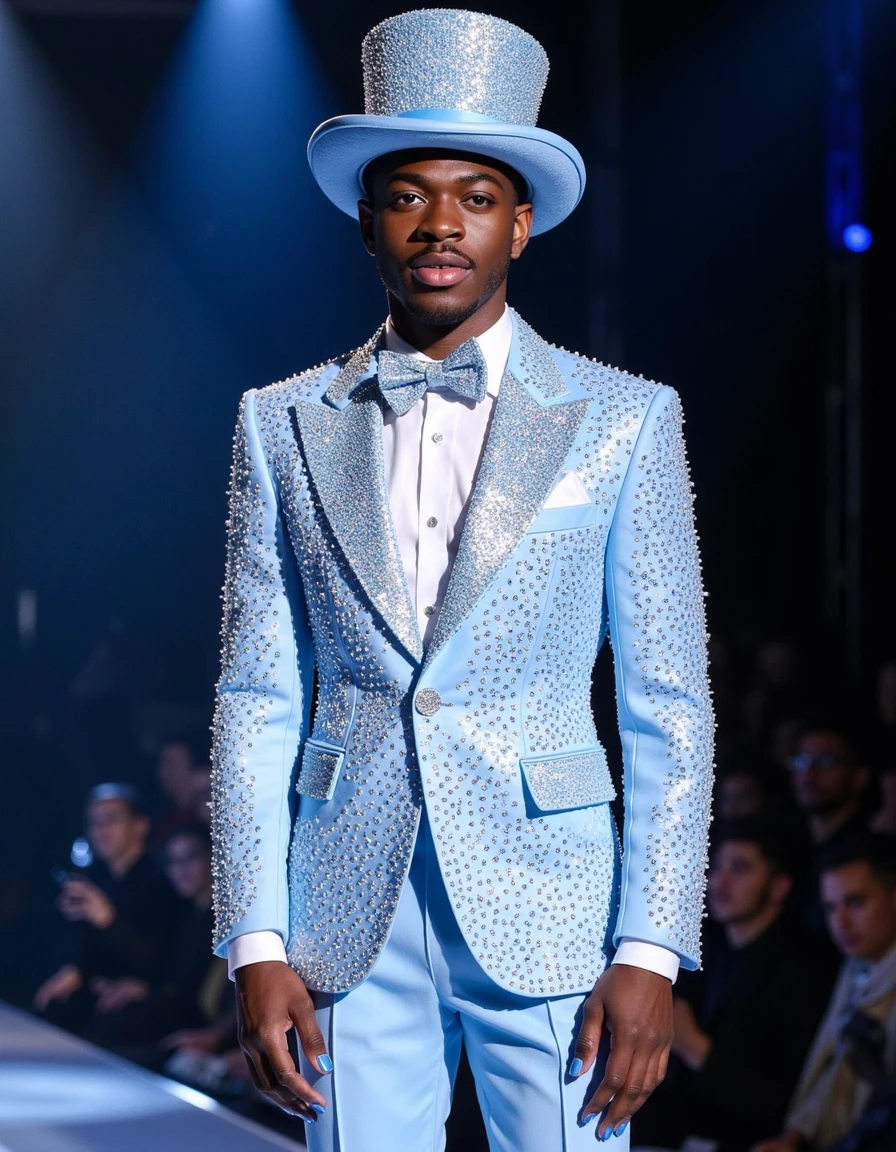 lilnasx is wearing a light blue tuxedo covered with rhinestones and a matching top hat, he is wearing dark blue nail polish and is standing under a spotlight on a stage   <lora:lilnasx-128:1.2>