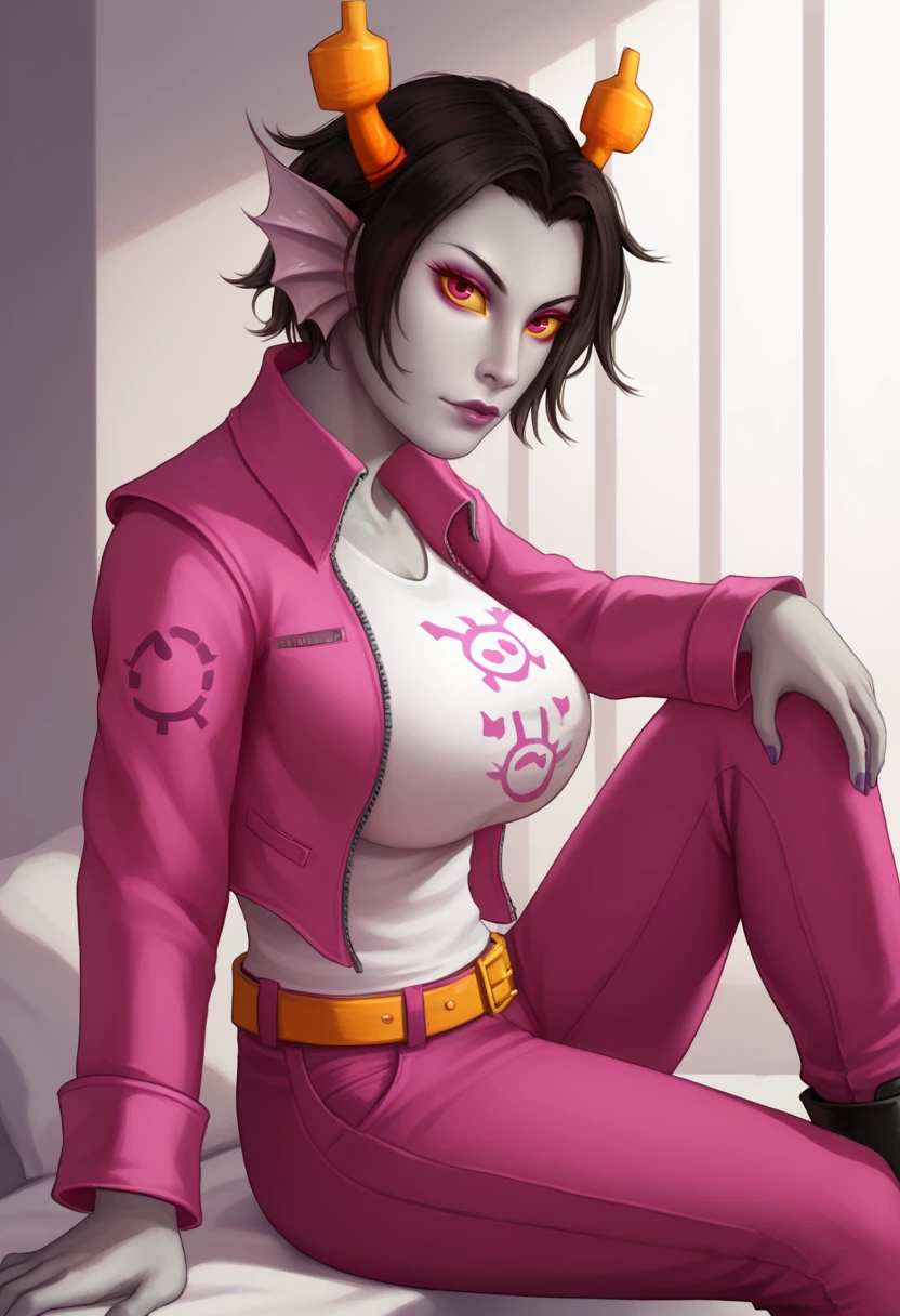 score_9, score_8_up, score_7_up, 1girl, solo, from side, sitting, knee up, looking at viewer, indoors,
<lora:YuPaChu_-_Artist_style:0.9> ss-YPC$tyl3,  <lora:Jonaiz_Homestuck_Fantroll_-_PonyXL:0.7> Jonaiz, homestuck troll, grey skin, yellow sclera, pink eyes, black hair, short hair, head fins, makeup, eyeshadows, orange horns, large breasts, long jacket, pink jacket, pink pants, belt,