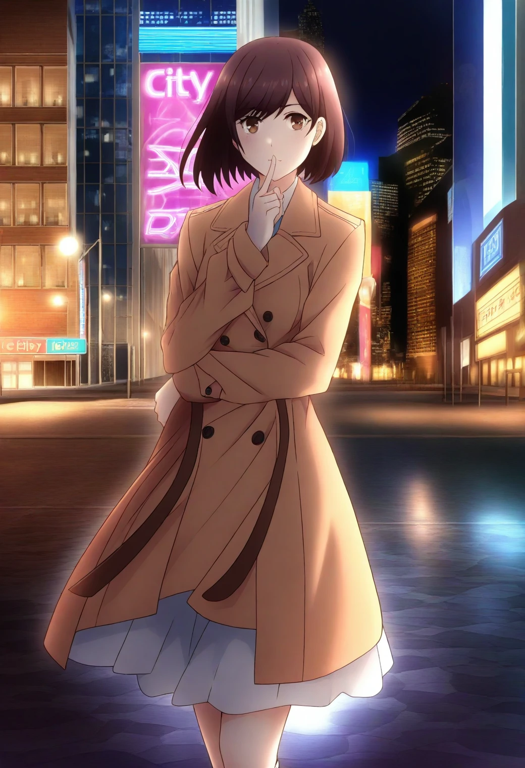 <lora:Rae Taylor - [Watashi no Oshi wa Akuyaku Reijou] - illustriousXL v1:1>, sysdeep_rae, brown hair, brown eyes, short hair, solo Busy city street, trench coat, walking with purpose, vibrant lights, style parody