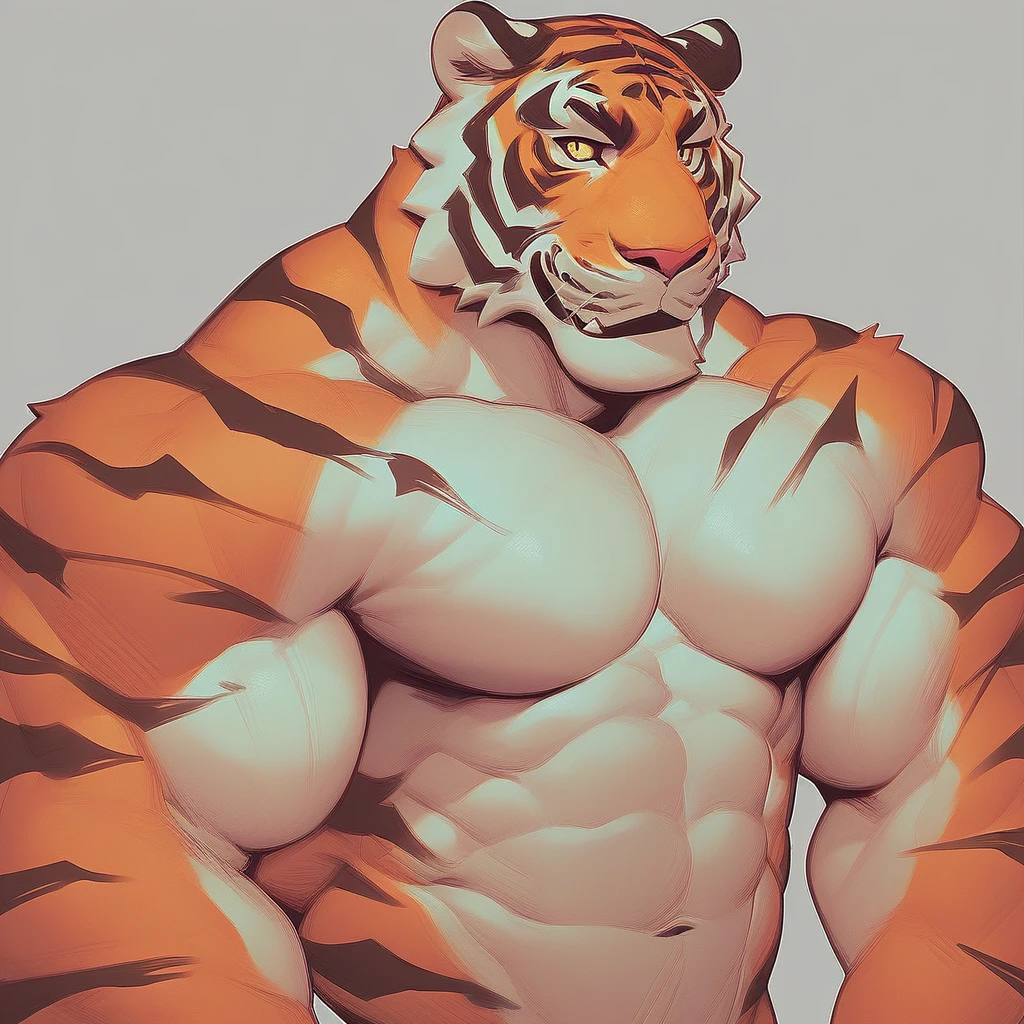 source_furry, score_9, score_8_up, score_7_up, 1boy, solo, portrait, tiger, furry, anthro, muscles, muscular, bodybuilder, line art, flat color,