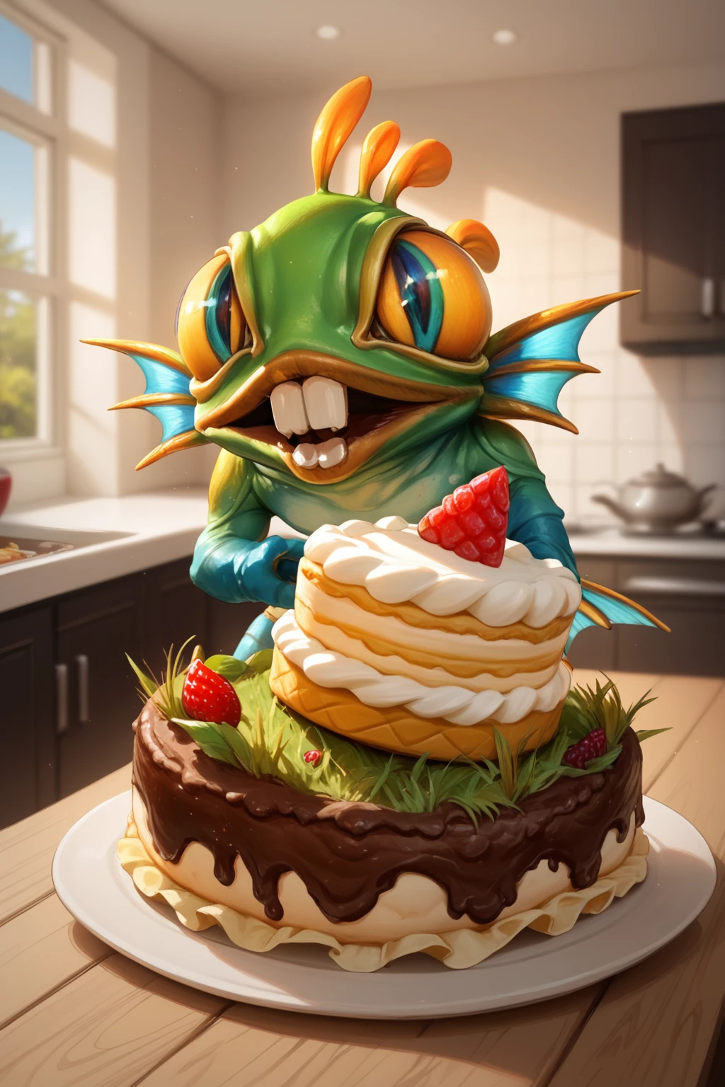 score_9, score_8_up, score_7_up, masterpiece, high quality, extreme detail, absurdres, (detailed skin texture) BREAK realistic
 <lora:MurkyPonyLora:1.2>murky, fins, pokemon (creature, open mouth, teeth, no humans, diaper, holding cake, happy, mud in face, mud on body, muddy, chibi, eating cake, sitting in a kitchen, on a table