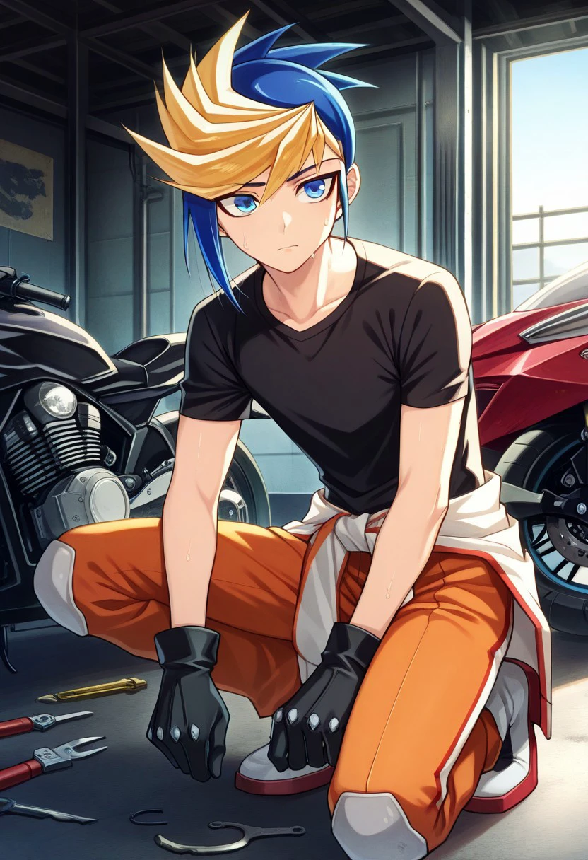 masterpiece, best quality, 
yugo, 1boy, male focus, solo, blue eyes, multicolored hair, two-tone hair, spiked hair, dyed bangs, blue hair, blonde hair, jumpsuit, orange jumpsuit, jumpsuit_around_waist, black t-shirt, motorcycle, futuristic, on one knee, sweat, gloves,
indoor, garage, tools,