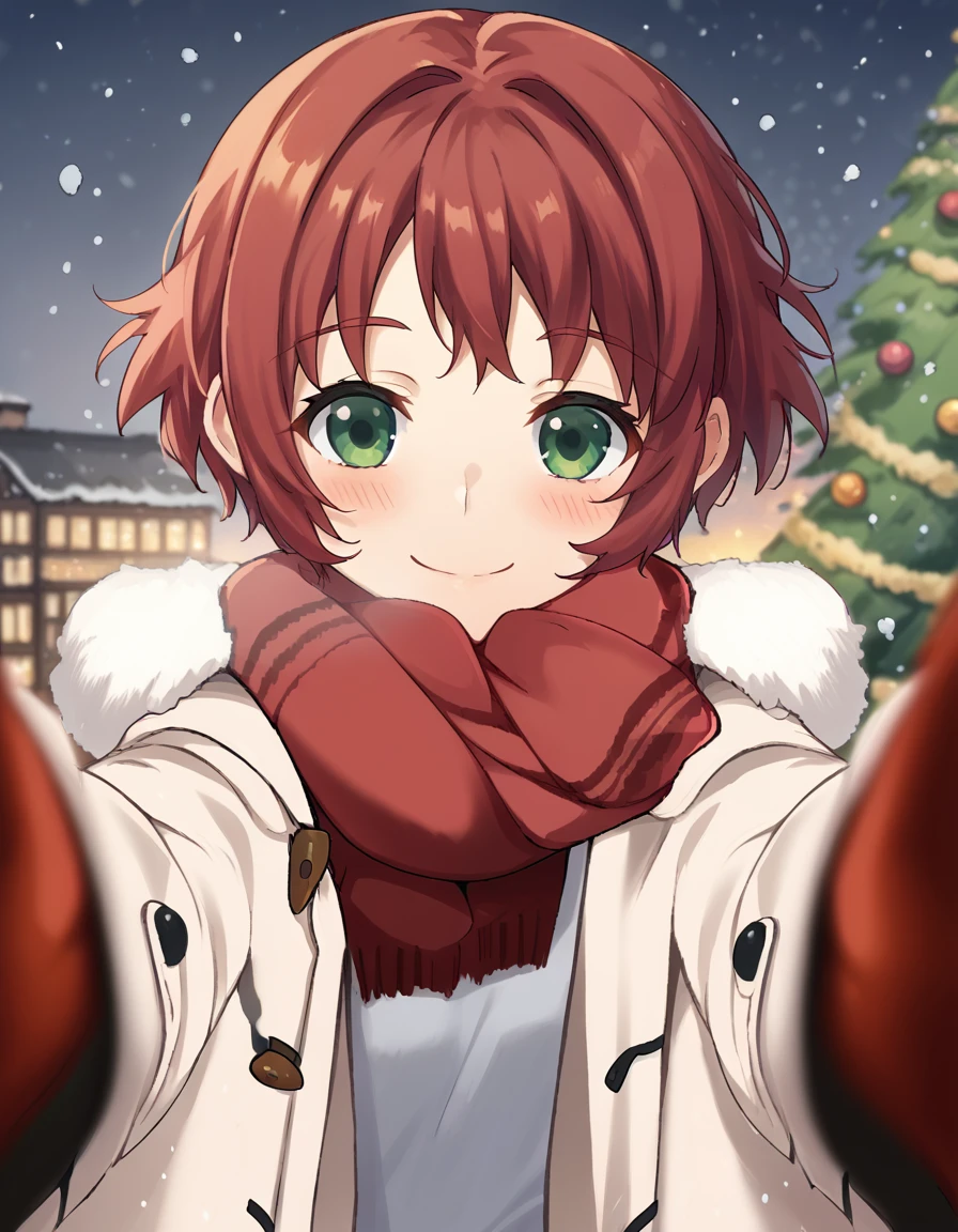 score_9, score_8_up, score_7_up, source_anime, <lora:rin-tezuka-ingame-ponyxl-lora-nochekaiser:1>, rin tezuka, short hair, green eyes, red hair, amputee,, <lora:pov-cheek-warming-ponyxl-lora-nochekaiser:1>, pov cheek warming, pov cheek warming (meme), winter gloves, duffel coat, fur-trimmed scarf, winter clothes, red mittens, meme, winter coat, red scarf, fur-trimmed coat, reaching towards viewer, reaching, mittens, fur-trimmed hood, white coat, open coat, scarf, coat, red gloves, snowing, pov, fur trim, depth of field, smile, blush,, christmas, christmas tree, christmas lights,, , dutch angle, cowboy shot