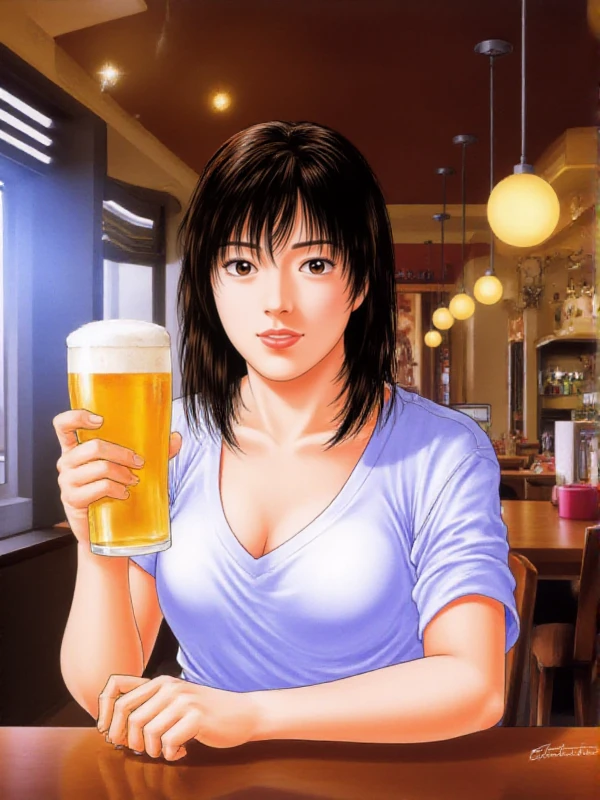 <lora:Tsukasa_Hojo_Style:0.9> tsukasa hojo style, a woman holds a beer in a pub