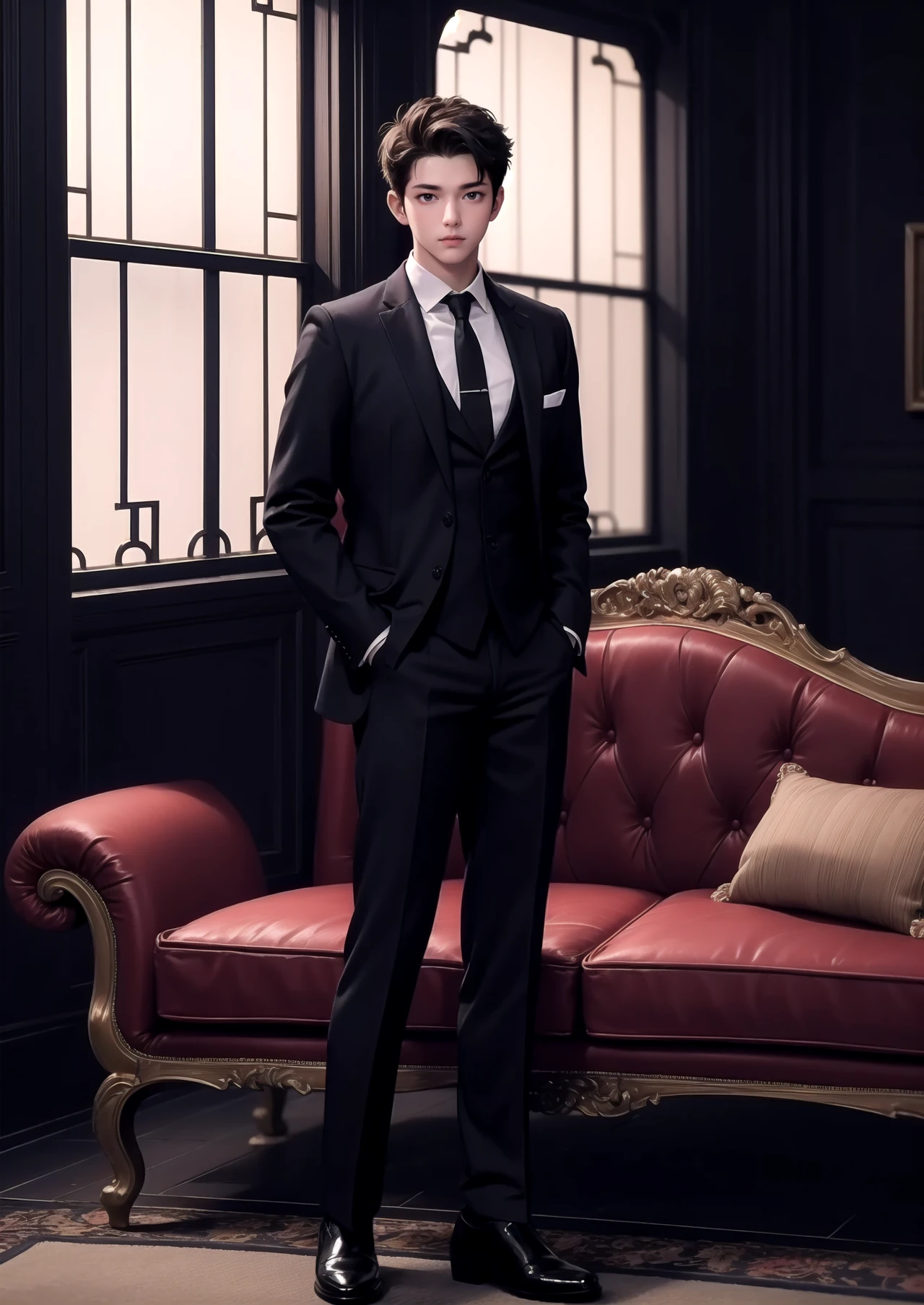 masterpiece,best quality,1boy,room,suit,dark,sitting,couch,looking at viewer,hands in pockets,