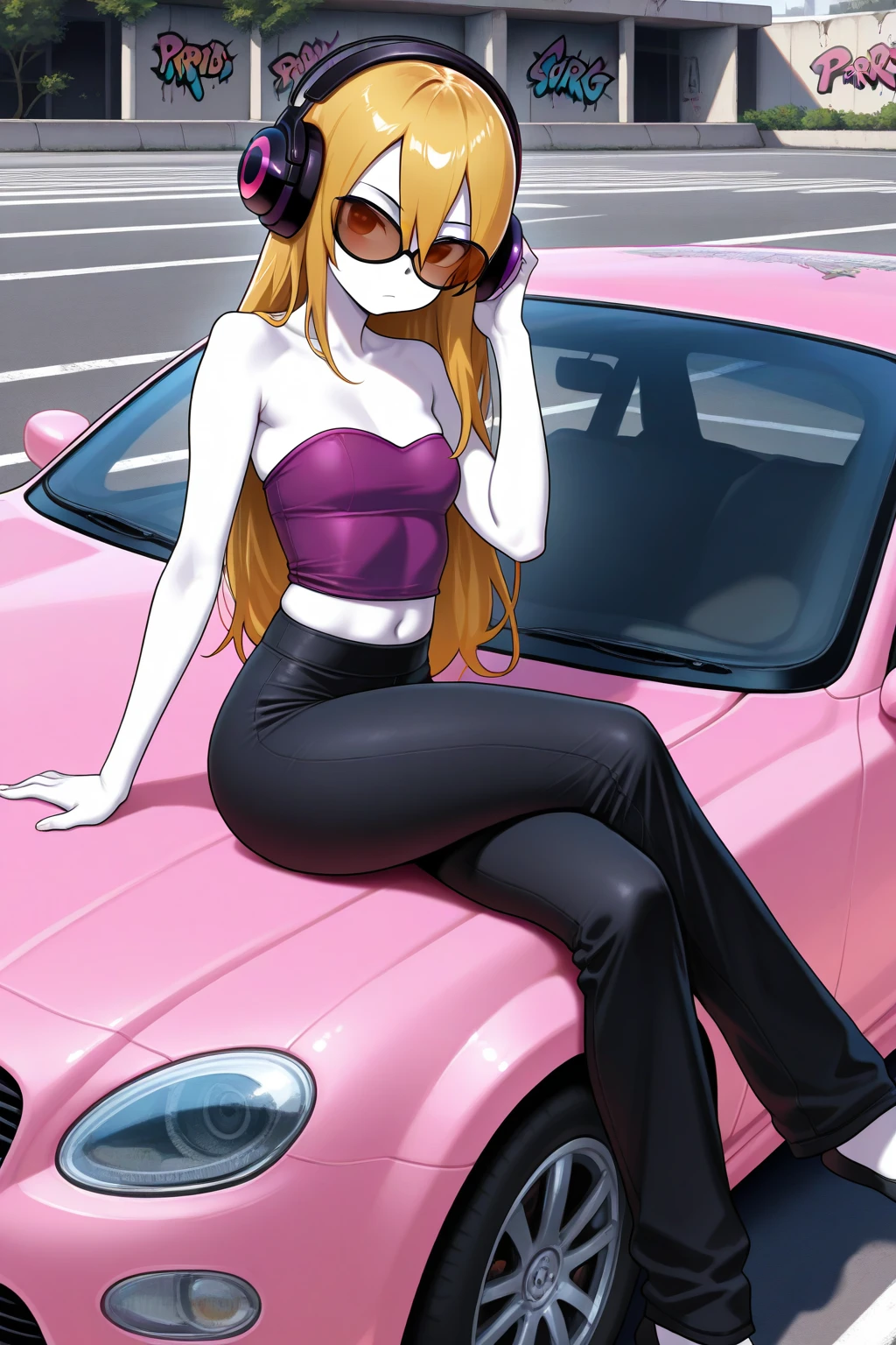 masterpiece, best quality, amazing quality, absurdres, solo, mcadore, bored, sitting, pink car, sitting on car, crossed legs, looking at viewer, long blonde hair, orange sunglasses, purple headphones, white skin, purple crop top, strapless, sleeveless, black pants, outdoors, parking lot, graffiti