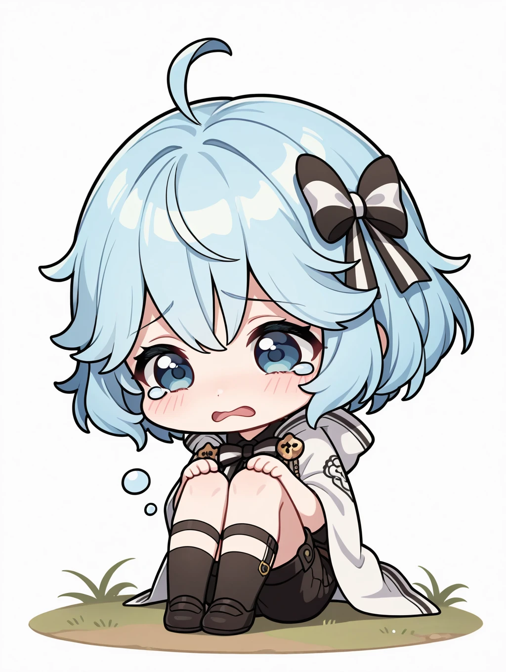 hannah, 1girl, solo, short hair, open mouth, simple background, white background, bow, sitting, blue hair, jacket, ahoge, hair bow, shorts, socks, tears, chibi, black bow, crying, striped bow, hands on own knees

masterpiece, best quality,amazing quality, very aesthetic, absurdres, depth of field, blurry background, extremely detailed face, detailed eyes