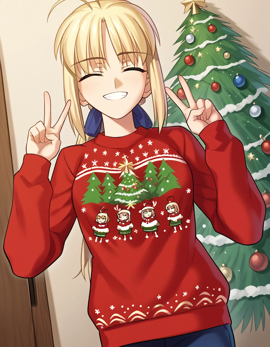 score_9, score_8_up, score_7_up, source_anime, <lora:artoria-pendragon-ingame-ponyxl-lora-nochekaiser:1>, artoria pendragon, artoria pendragon (fate), saber, long hair, blonde hair, green eyes, ponytail, ahoge, medium breasts,, <lora:christmas-sweater-ponyxl-lora-nochekaiser:1>, christmas sweater, christmas, ugly sweater, print sweater, red sweater, christmas tree, christmas ornaments, sweater, multicolored sweater, , v, smile, hands up, teeth, closed eyes, cowboy shot,, , dutch angle, cowboy shot