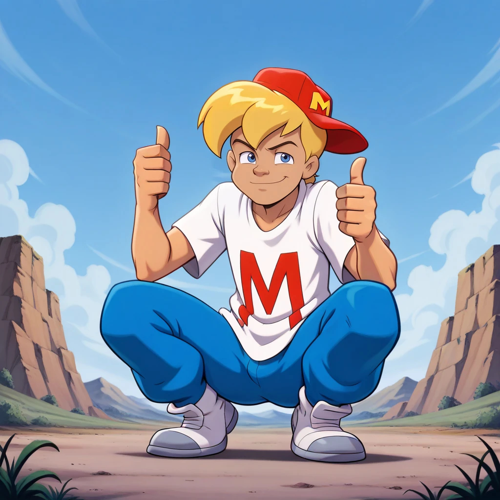 masterpiece, best quality, MightyMax, 1boy, solo, blonde hair, blue eyes, red hat, loose shirt, blue pants, white shoes, squatting, thumbs up,  <lora:MAX_MightyMax_illustrious_Leaf3:1>,  outdoors, blue sky, smile, 2000s \(style\),