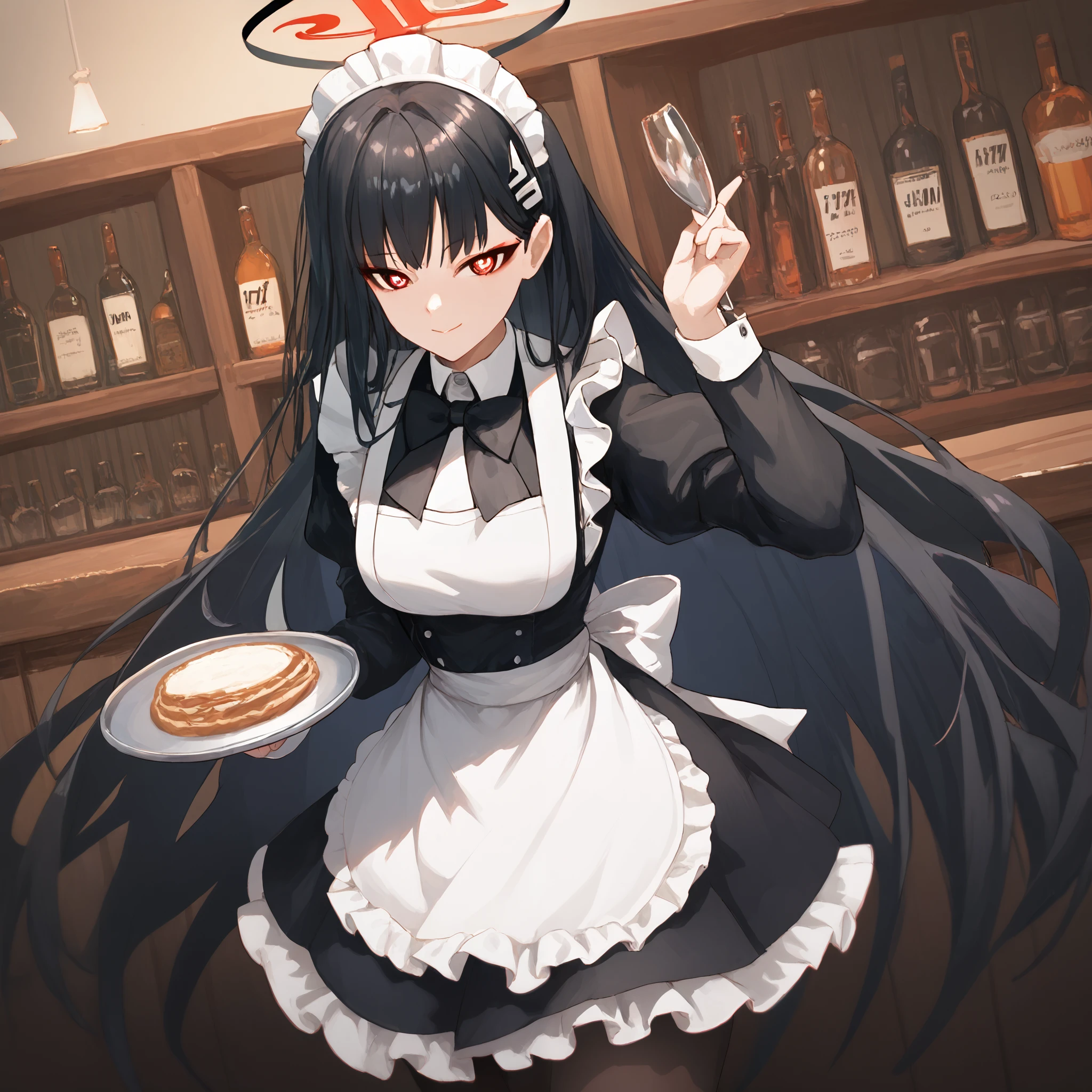 score_9, score_8_up, score_7_up, score_6_up, BREAK source_anime, look at viewer, 1girl, solo, masterpiece, best quality, high detailed skin,  rio_(blue_archive), black hair, long hair, hairpin, red eyes, white pupils, halo,  maid, maid headdress, maid apron, pantyhose, holding tray, smiling, bar, indoors, black bowtie,