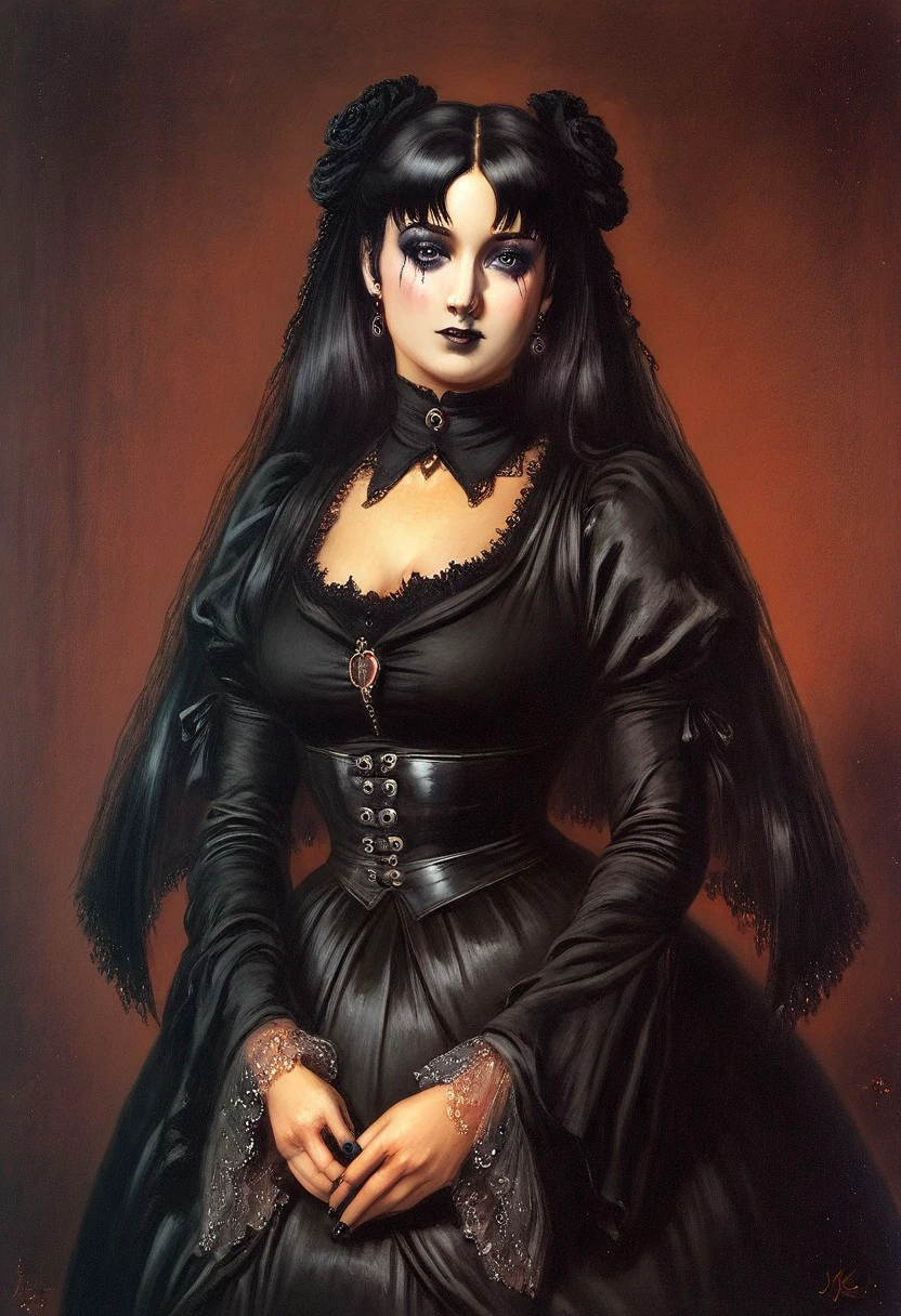 JanMatejkoStyle-IL.V1.0, oil painting, traditional media, classic media, 1girl, goth girl, gothic, makeup, runny makeup