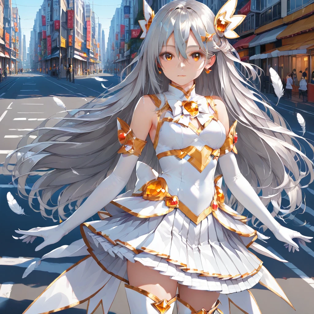 white back bow, white top, hair ornament, golden brooch, , Magical Girl, elbow gloves, pleated skirt, white bow, hair clip, white boots, white gloves, miniskirt, white skirt, thigh boots, Amber eyes, white feather, long hair, hair between eyes, (Silver hair:1.2), large bow