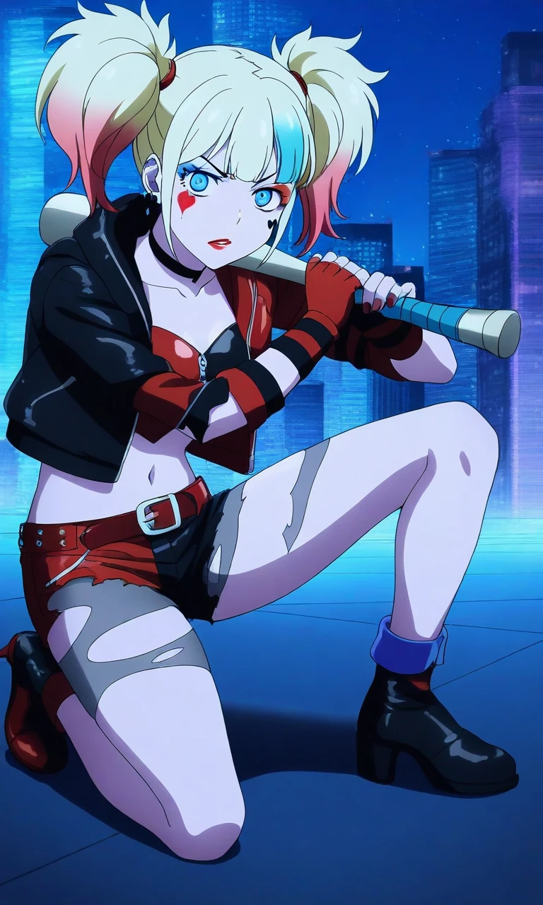 Harley1sekai, 1girl, solo, gloves, twintails, fingerless gloves, blonde hair, shorts, baseball bat, multicolored hair, torn clothes, blue eyes, jacket, kneeling on floor, city background