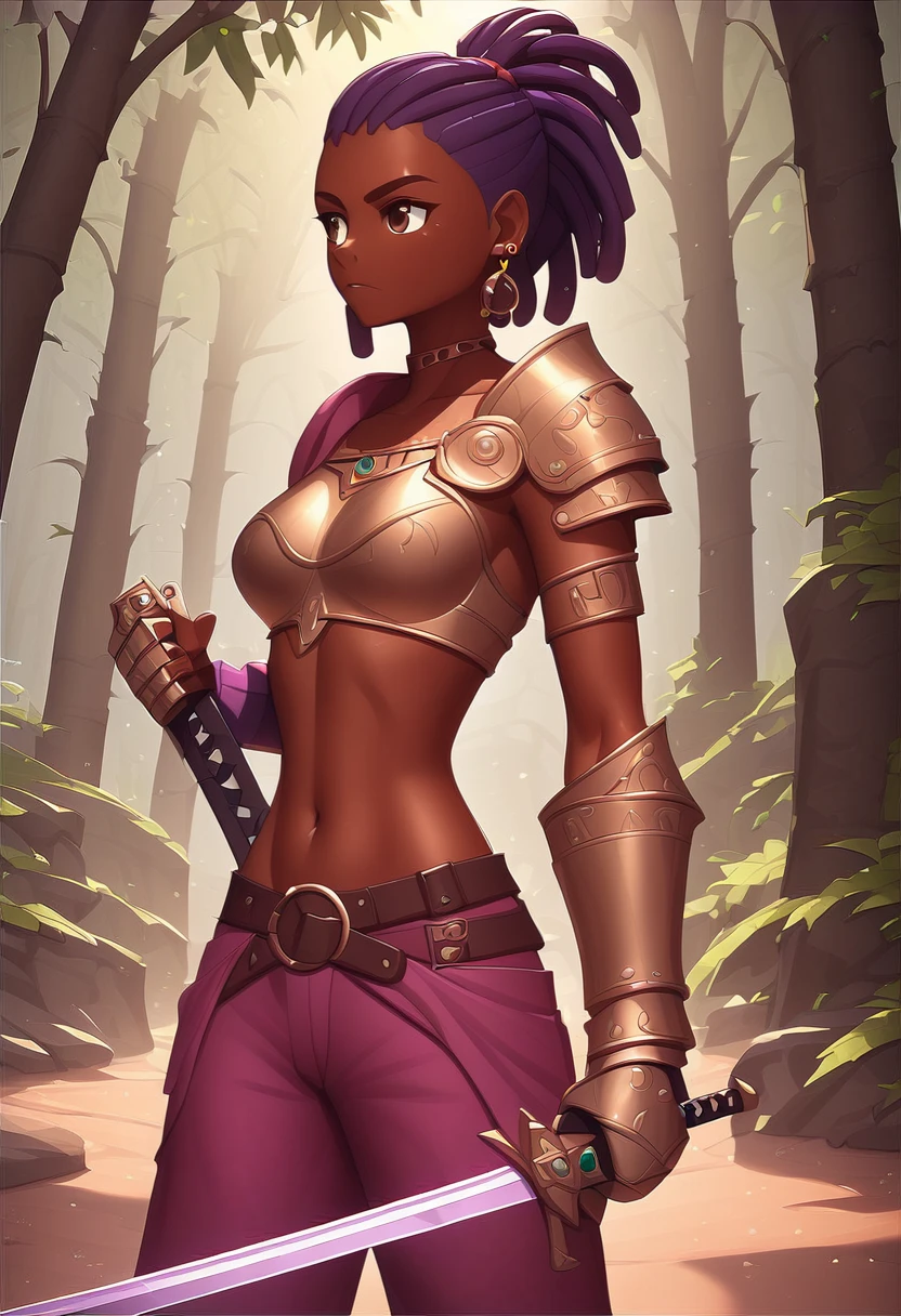 score_9, score_8_up, score_7_up, score_6_up, score_5_up, score_4_up,<lora:OtherStyle_10V6_03Merge07:1>,1girl, weapon, solo, sword, holding, armor, holding weapon, dreadlocks, holding sword, earrings, dark skin, jewelry, pants, midriff, belt, shoulder armor, dark-skinned female, breasts, brown eyes, gauntlets,pauldrons, purple hair, breastplate, medium breasts,forest