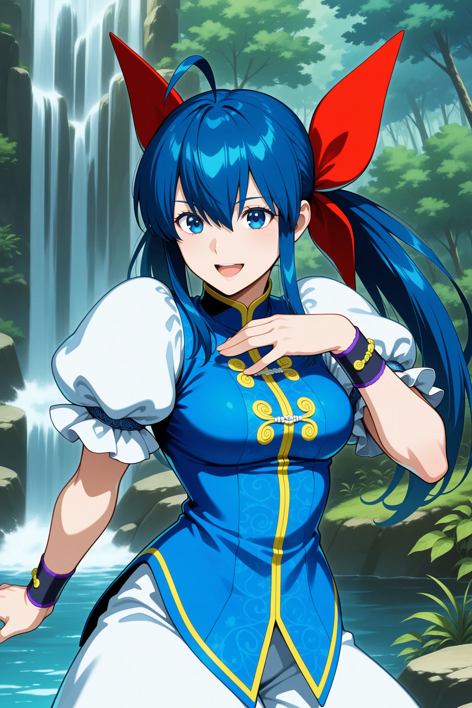 masterpiece, best quality, amazing quality, highres, absurdres, very aesthetic, high resolution, ultra detailed, perfect details, 1girl, outdoors, forest, waterfall, medium breasts, futaba hotaru, long hair, blue hair, twintails, hair bow, hair between eyes, sidelocks, ahoge, chinese clothes, puffy short sleeves, wristband, baggy pants, flats, <lora:Hotaru_Futaba_ILXL:0.8>, (aged up:1.4), (upper body:1.5), looking at viewer, anime screencap, anime coloring, smile, (pose:1.5), open mouth