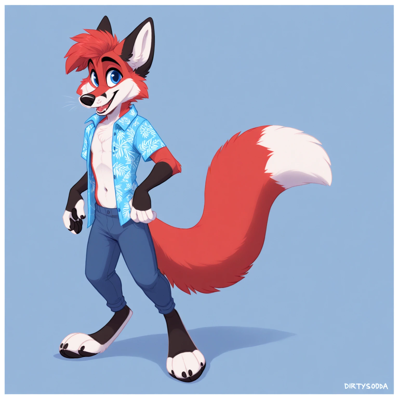 anthro, solo, male, canid, mammal, canine, clothing, fox, red_body, clothed, fur, red_fur, blue_eyes, smile, pants, topwear, feet, simple_background, bottomwear, hair, shirt, tuft, open_mouth, open_topwear, open_clothing, fingers, standing, dipstick_tail, toes, tail, markings, tail_markings, pawpads, digital_media_(artwork), barefoot, facial_tuft, cheek_tuft, white_body, chest_tuft, pattern_topwear, full-length_portrait, white_fur, open_smile, white_border, open_shirt, black_nose, portrait, biped, digitigrade, countershading, navel, 3_toes, red_fox, teeth, red_hair, paws, multicolored_tail, head_tuft, 4_fingers, border, pattern_shirt, looking_at_viewer, inner_ear_fluff, glistening_eyes, blue_topwear, tongue, blue_clothing, pattern_clothing, dirtysoda <lora:dirtysoda_1.0noob:1>